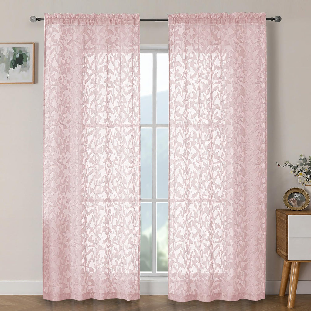 OWENIE Leyna 2 Panels Sage Green Sheer Curtains 63 Inch Length for Bedroom, Soft Lightweight Jacquard Clip Window Curtain for Living Room, Double Rod Pockets Textured Drapes, Each 40Wx63L Inches