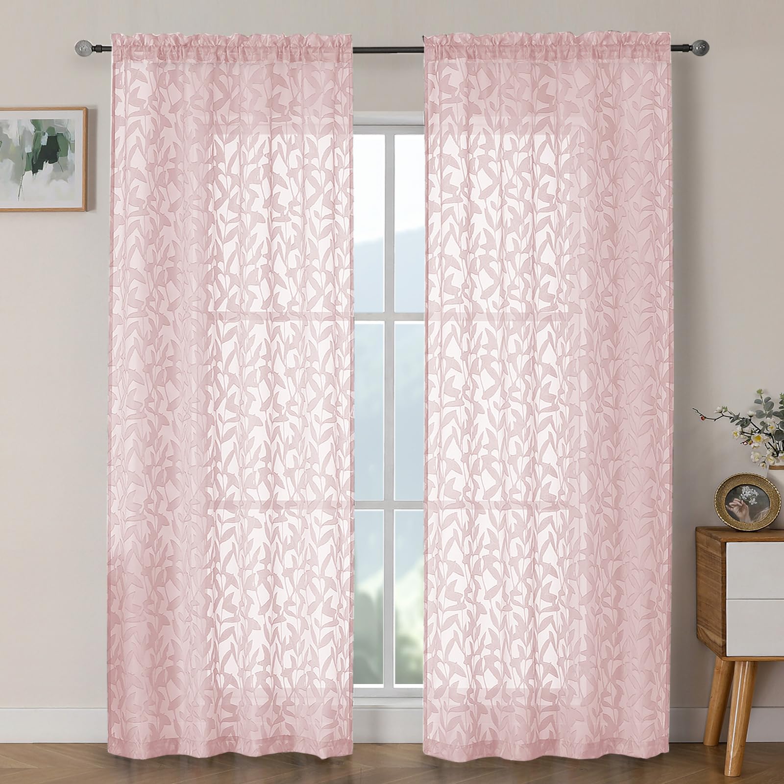 OWENIE Leyna 2 Panels Sage Green Sheer Curtains 63 Inch Length for Bedroom, Soft Lightweight Jacquard Clip Window Curtain for Living Room, Double Rod Pockets Textured Drapes, Each 40Wx63L Inches