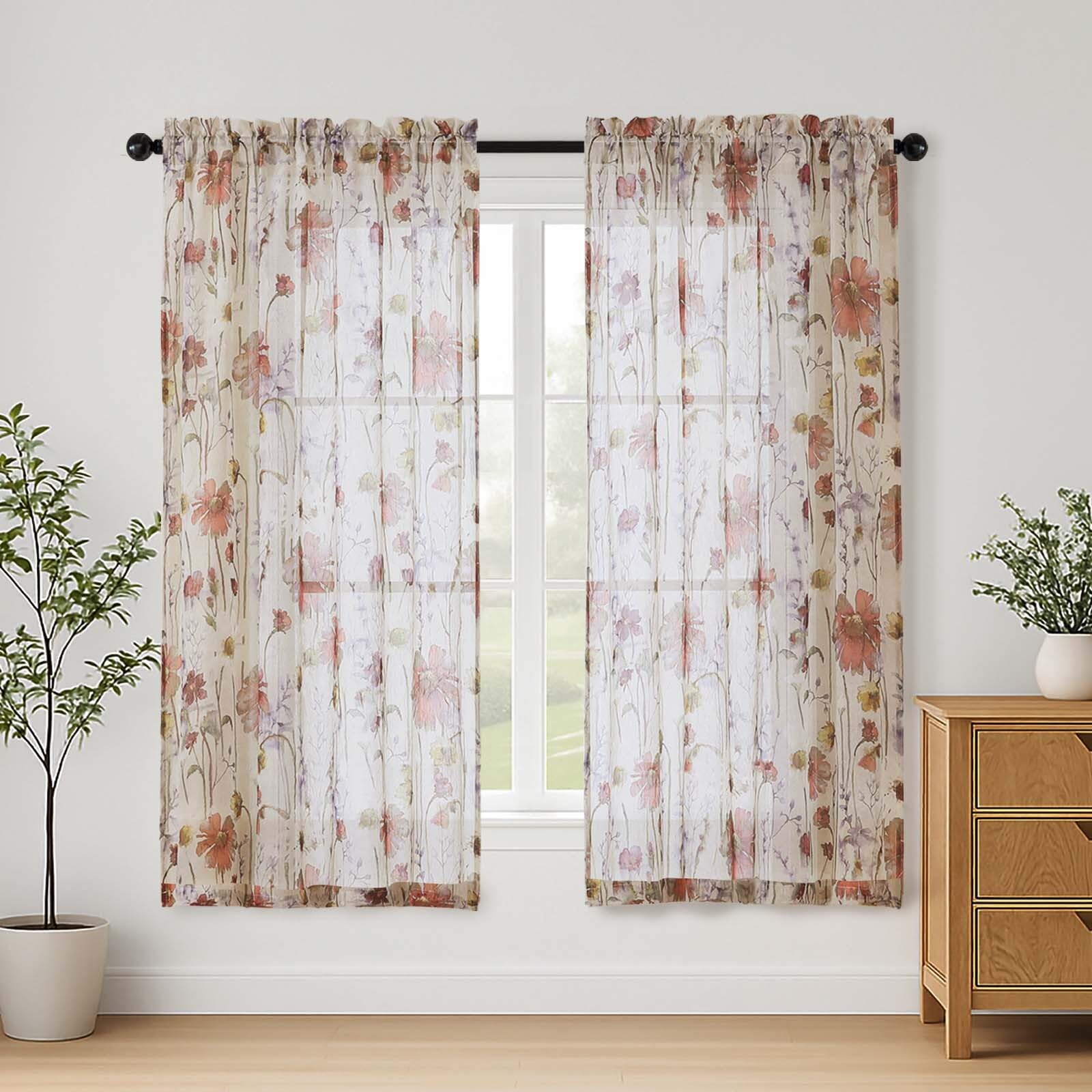 Lecloud Crushed Sheer Curtains 84 Inches Long 2 Panels, Airy Light Filtering Voile Floral Curtains for Living Room, Rod Pocket Romantic Window Curtain Drapes for Bedroom Dining Room, 42" W x 84" L