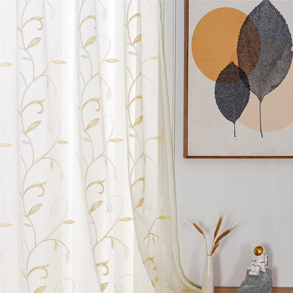 VISIONTEX 2 Panels Sheer Curtains 84 Inches Long, Cream Beige Floral Leaf Embroidered Semi Sheer Voile Curtains, Rod Pocket Light Filtering Window Drapes for Bedroom Living Room 54W x 84L