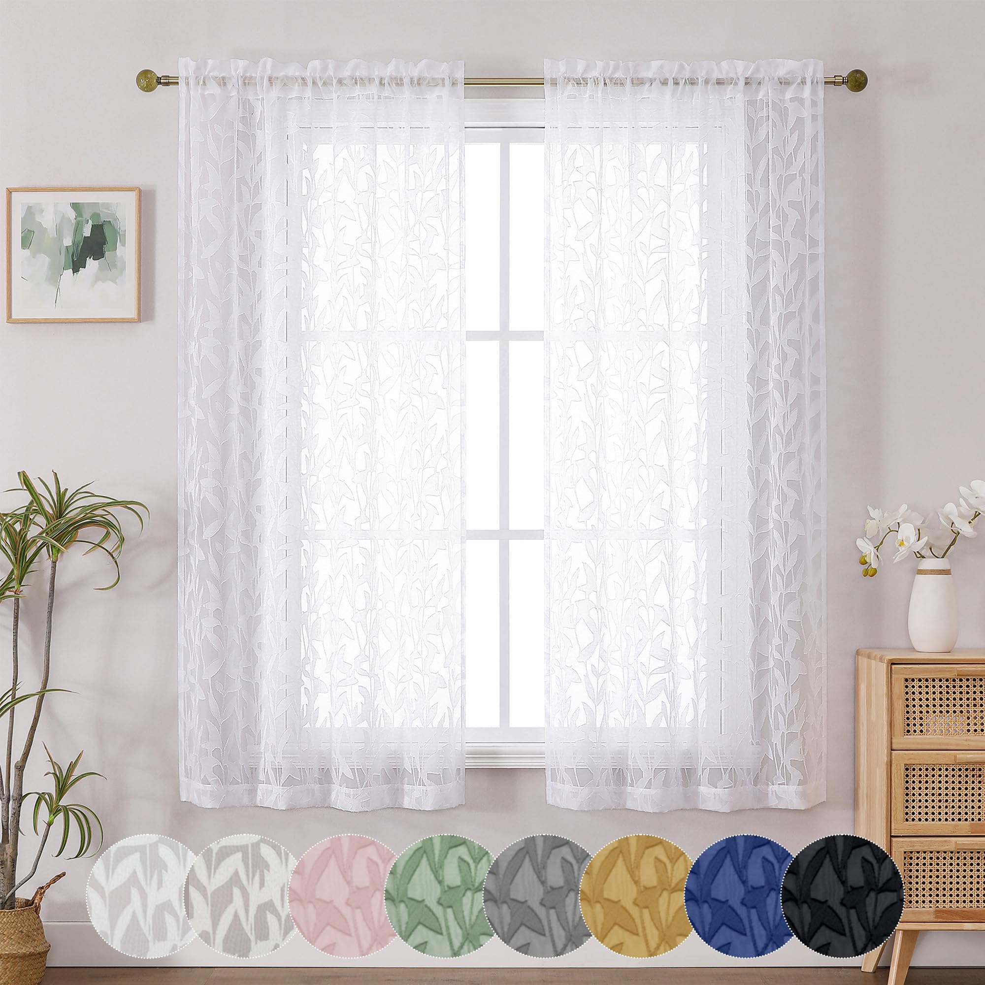 OWENIE Leyna 2 Panels Sage Green Sheer Curtains 63 Inch Length for Bedroom, Soft Lightweight Jacquard Clip Window Curtain for Living Room, Double Rod Pockets Textured Drapes, Each 40Wx63L Inches