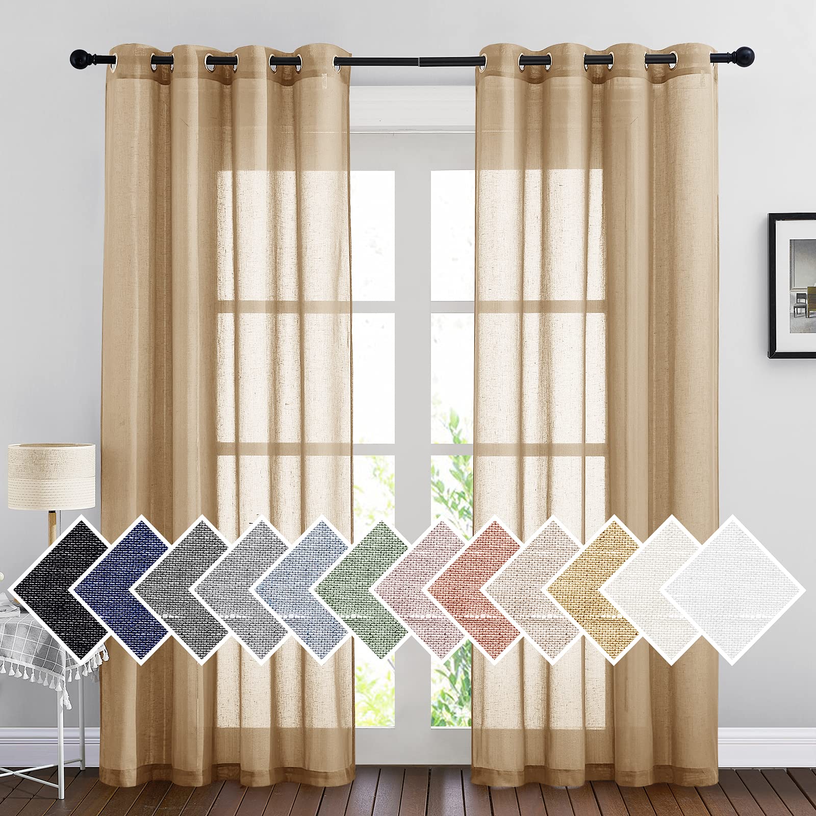 NICETOWN Linen Textured Semi Sheer Curtains 84 inches Length, Eyelet Top Bedroom Window Privacy Translucent Light Filtering Flax Sheer Drapes for Guest Room, 52 inches Wide, 2 Panels, Sea Mist