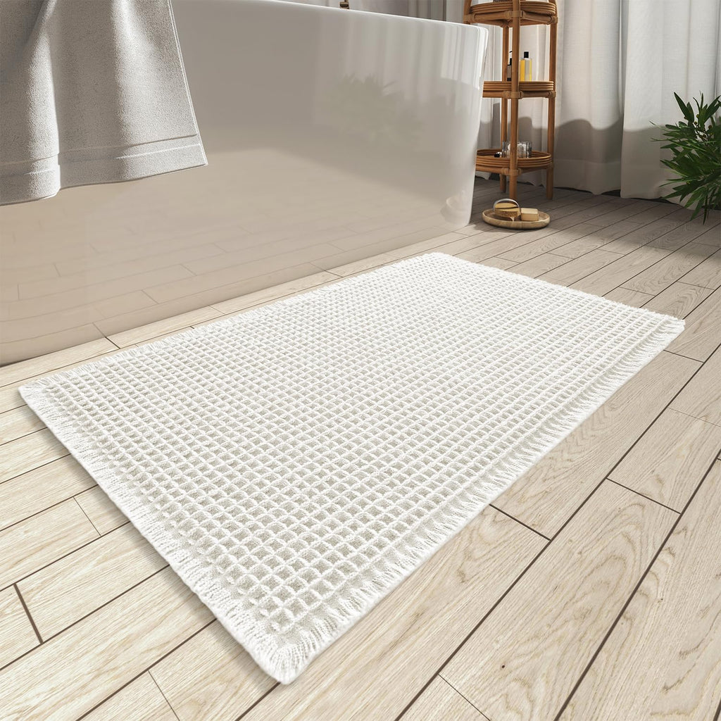 AMOAMI Upgraded Waffle Bath Mat, Super Absorbent Non Slip Bath Mats for Bathroom Floor, Machine Washable Bathroom Rugs with Tassels, Rubber Backed Bathroom Mats, Ultra Soft, 17" x 24", Brown