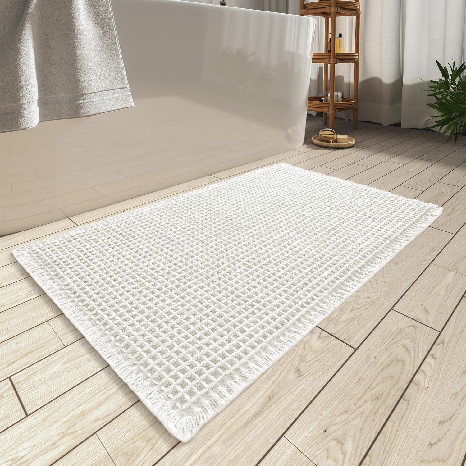 AMOAMI Upgraded Waffle Bath Mat, Super Absorbent Non Slip Bath Mats for Bathroom Floor, Machine Washable Bathroom Rugs with Tassels, Rubber Backed Bathroom Mats, Ultra Soft, 17" x 24", Brown