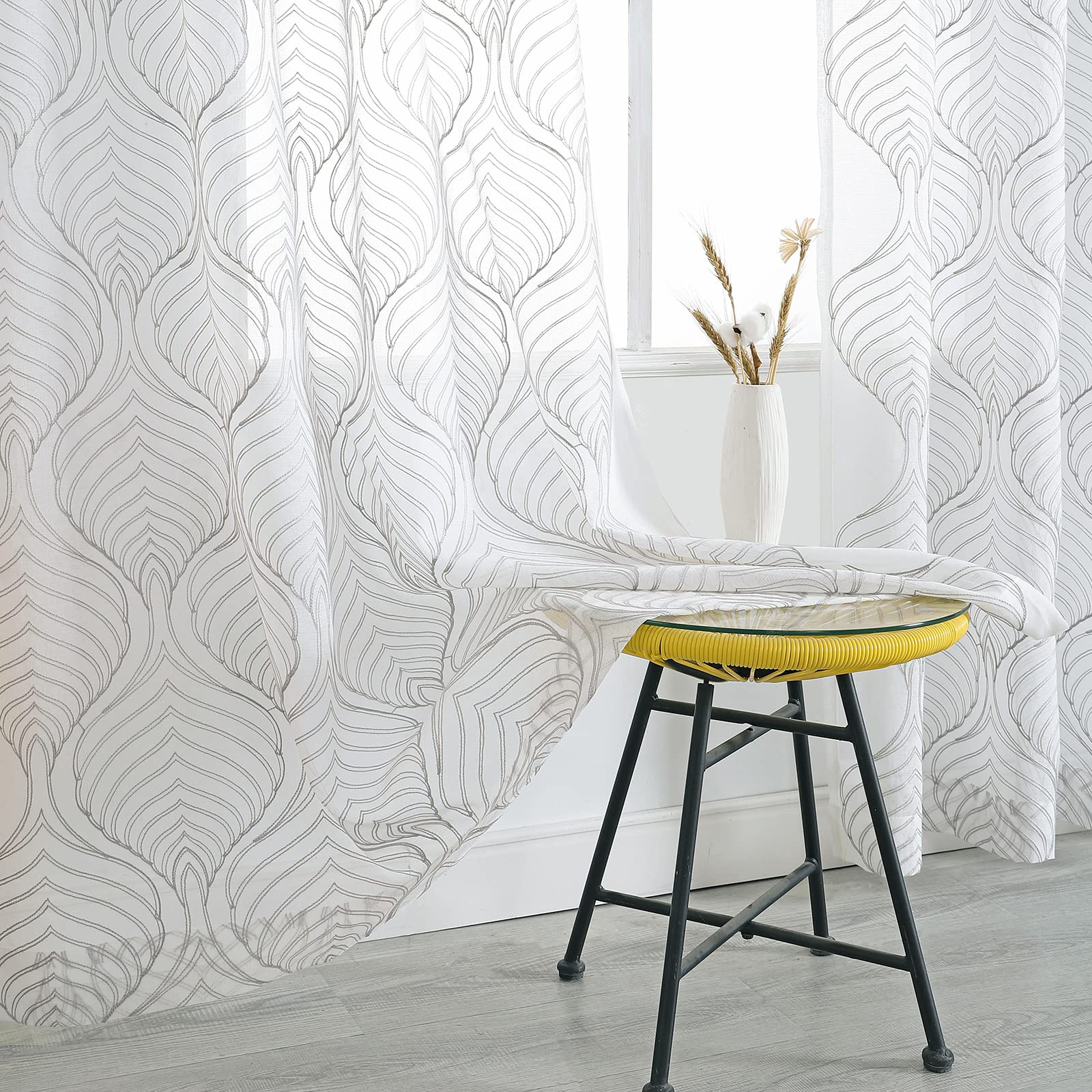 VISIONTEX White Sheer Curtains 84 Inches Long 2 Panels, Light Filtering Grey Moroccan Trellis Embroidered Semi Sheer Voile Drapes, Rod Pocket Textured Window Curtain for Bedroom Living Room 54W x 84L