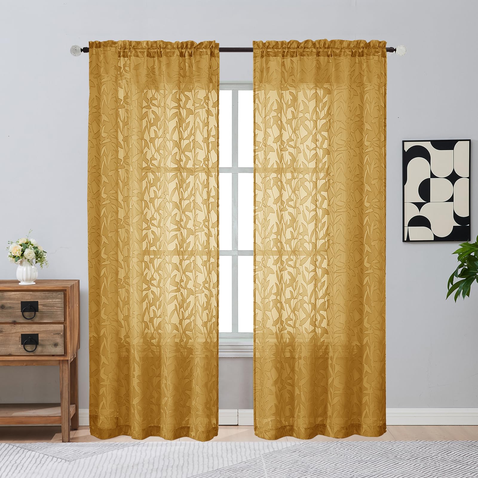 Gwine Sage Green Curtains 84 Inches Long 2 Panels Set, Light Filtering Soft Lightweight Sheer Curtains, Leaf Clip Jacquard Textured Curtain for Bedroom Living Room, 42Wx84L Inches, 2PCS