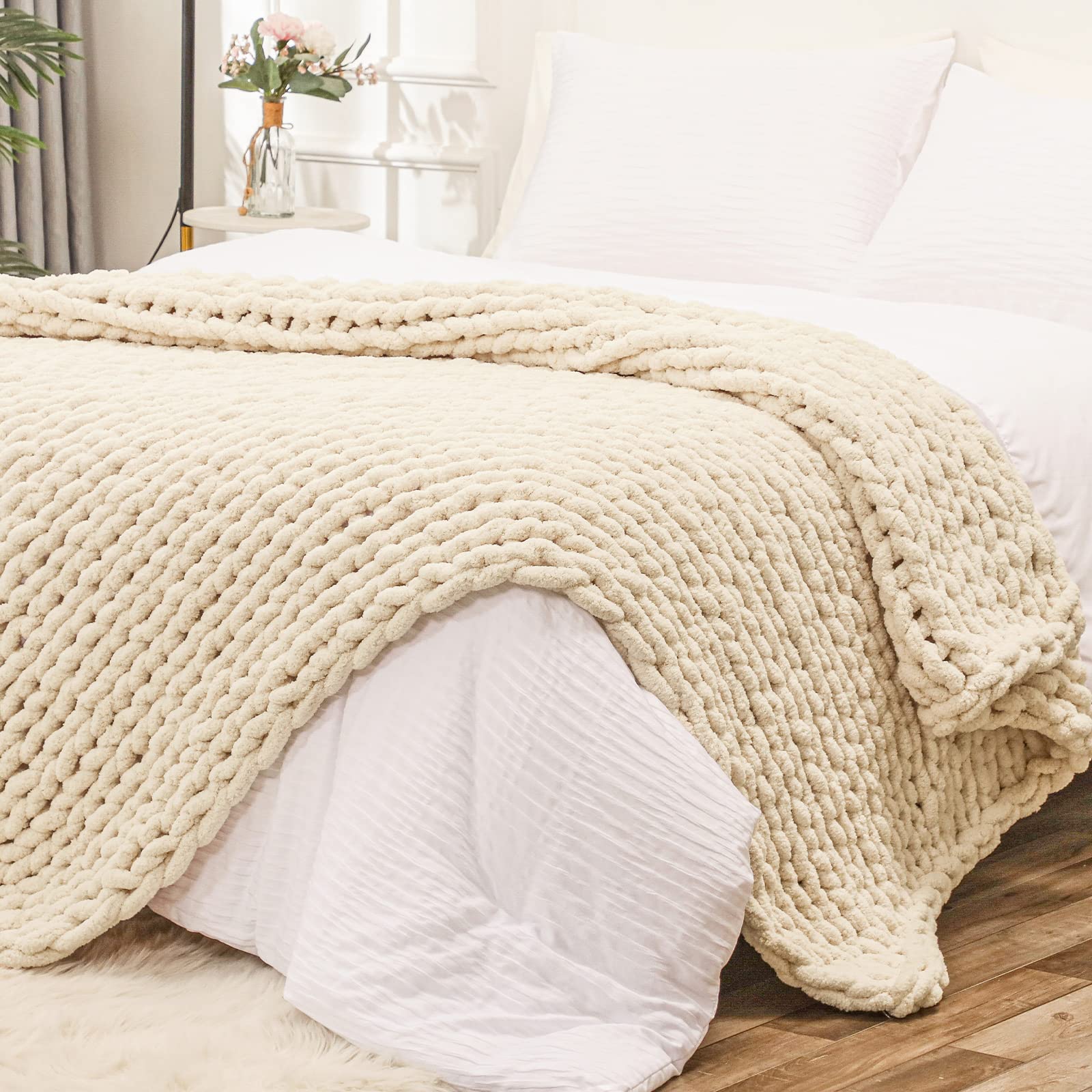 Bigacogo Chunky Knit Throw Blanket for Couch, 40x40 inches, 100% Hand Knitted with Thick Jumbo Chenille Yarn, Cozy Soft Large Rope Knot Cable Crochet Blankets for Sofa Bed Living Room, Dusty Blue