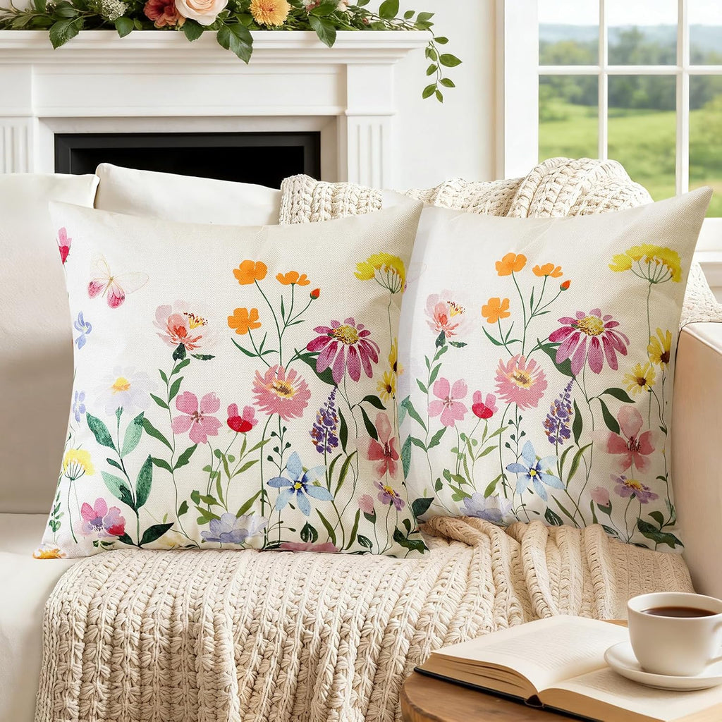 Artscope Spring Summer Floral Throw Pillow Covers 18x18 Inch Set of 2, Farmhouse Flower Butterfly Print Decorative Pillow Cases for Sofa Bed Room Home Decor- Flower A