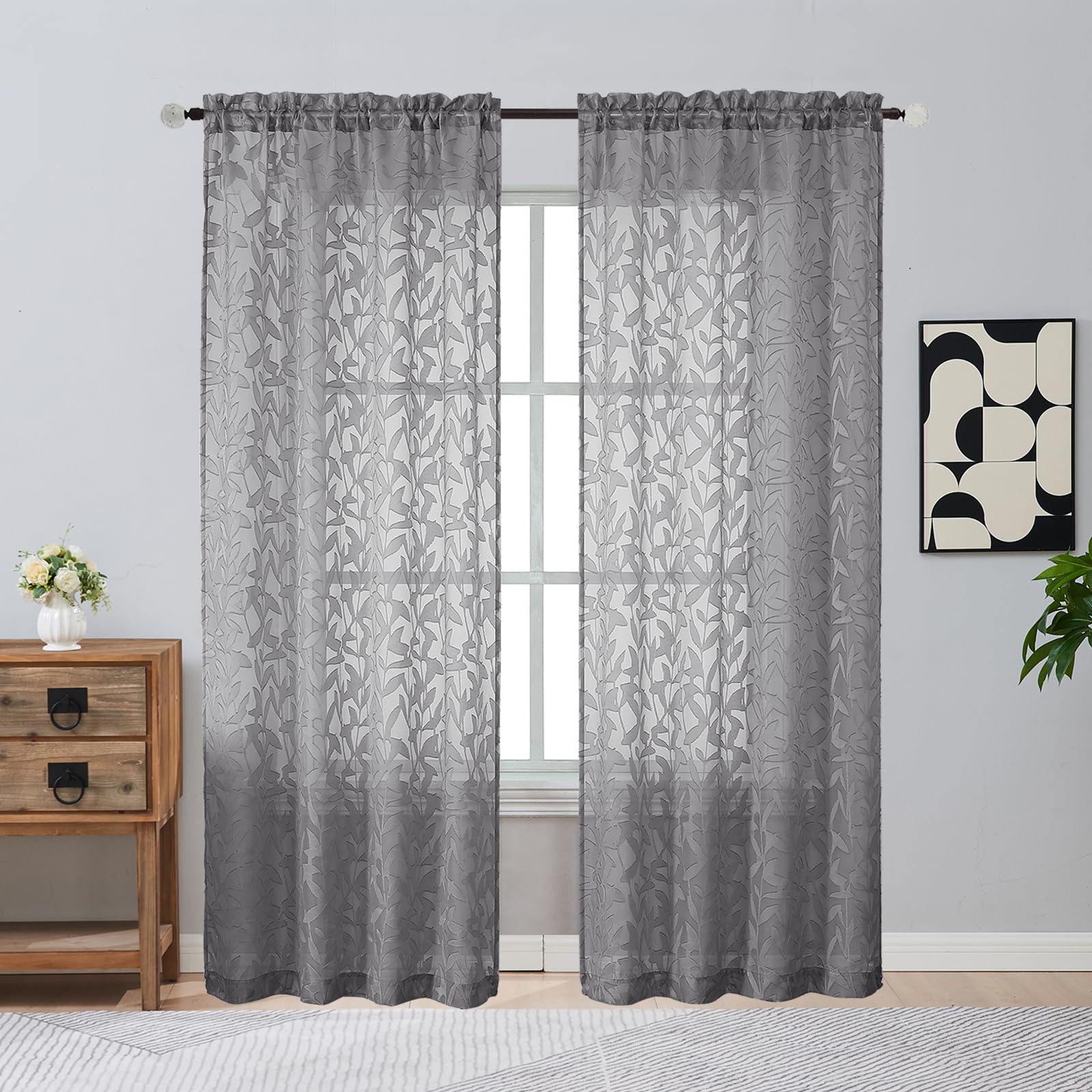 Gwine Sage Green Curtains 84 Inches Long 2 Panels Set, Light Filtering Soft Lightweight Sheer Curtains, Leaf Clip Jacquard Textured Curtain for Bedroom Living Room, 42Wx84L Inches, 2PCS