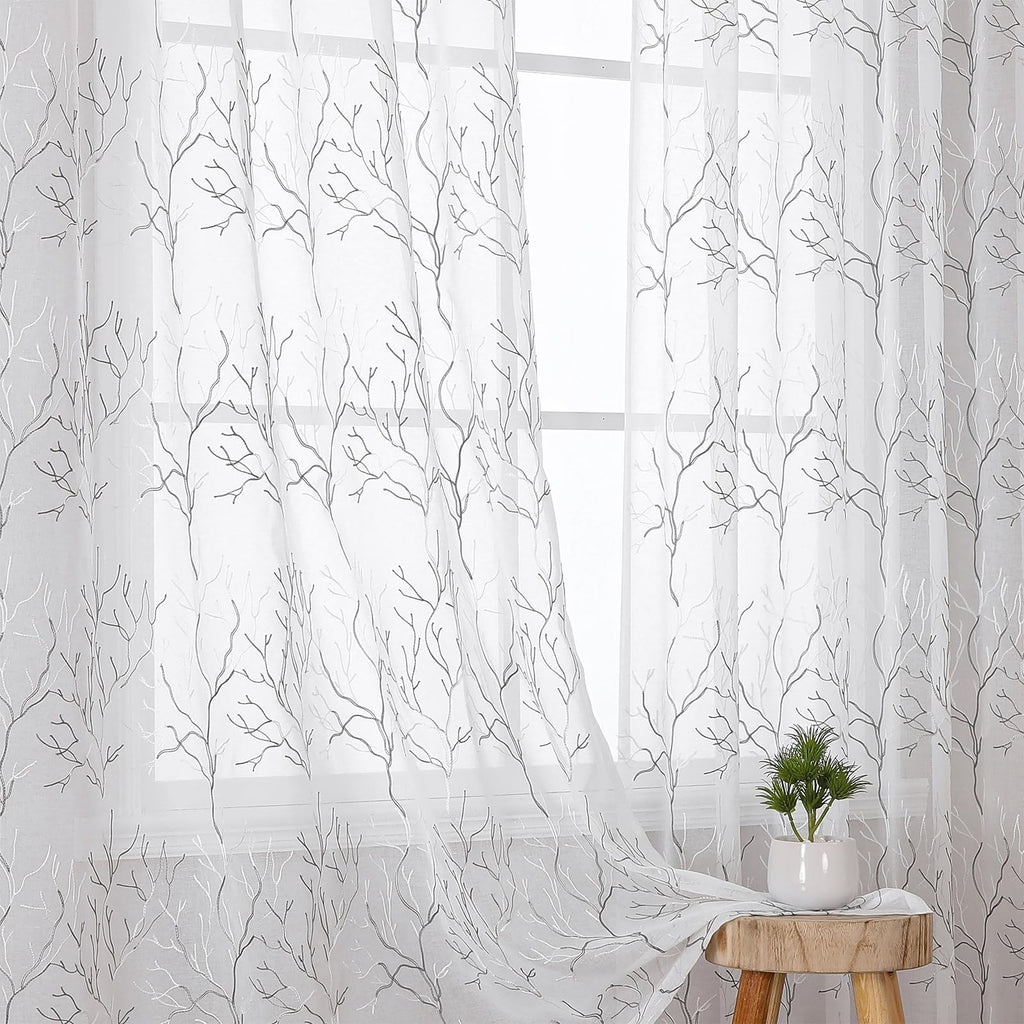 VISIONTEX 2 Panels Sheer Curtains 84 Inches Long, Cream Beige Floral Leaf Embroidered Semi Sheer Voile Curtains, Rod Pocket Light Filtering Window Drapes for Bedroom Living Room 54W x 84L