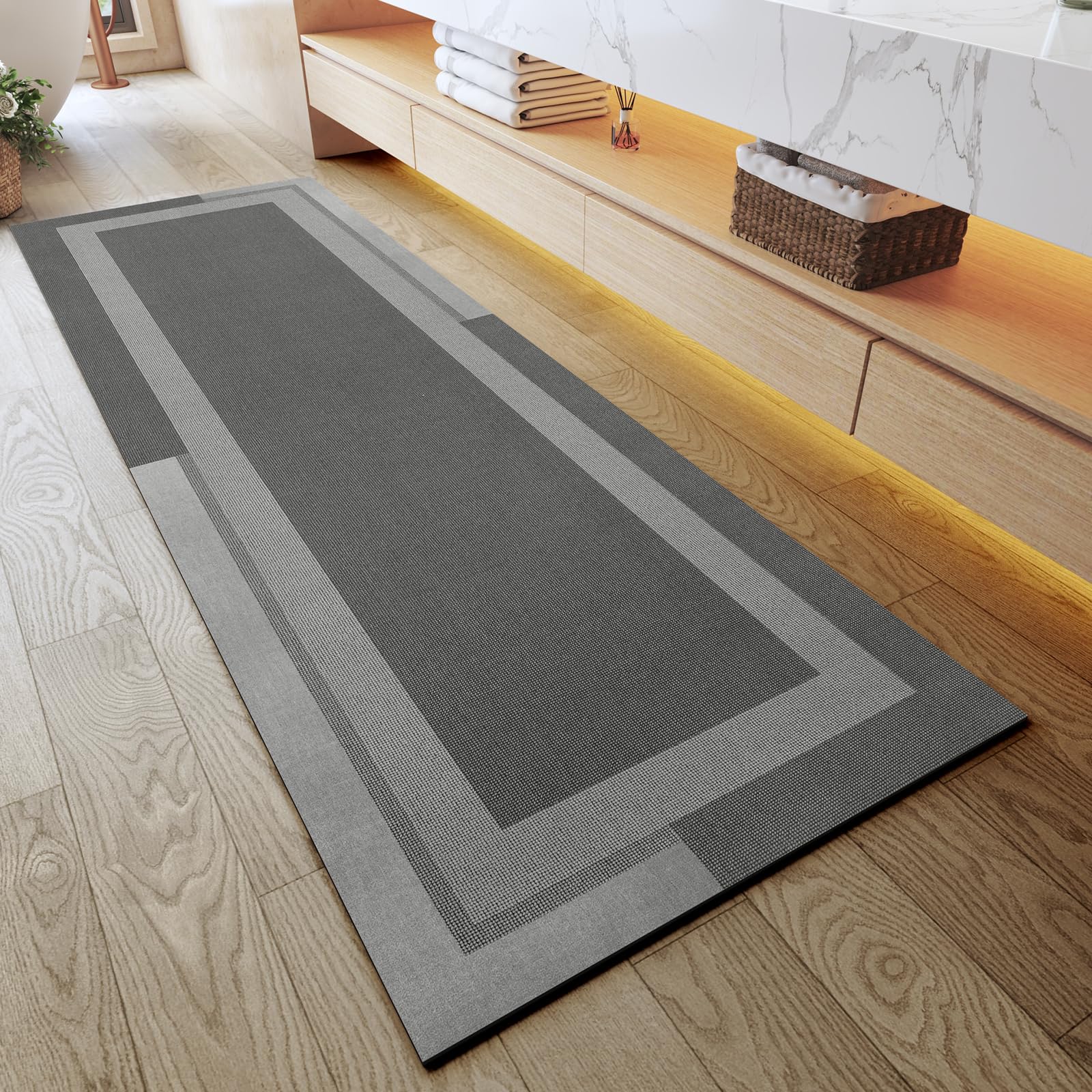 YDKGL Non Slip Bath Mat, Rubber Backing Ultra Thin Bathroom Rugs Fit Under Door Quick Dry Super Absorbent Washable Bath Rug Shower Mat for Bathroom Floor Bathtub Shower Sink, Easy Care Gray 16"x 24"