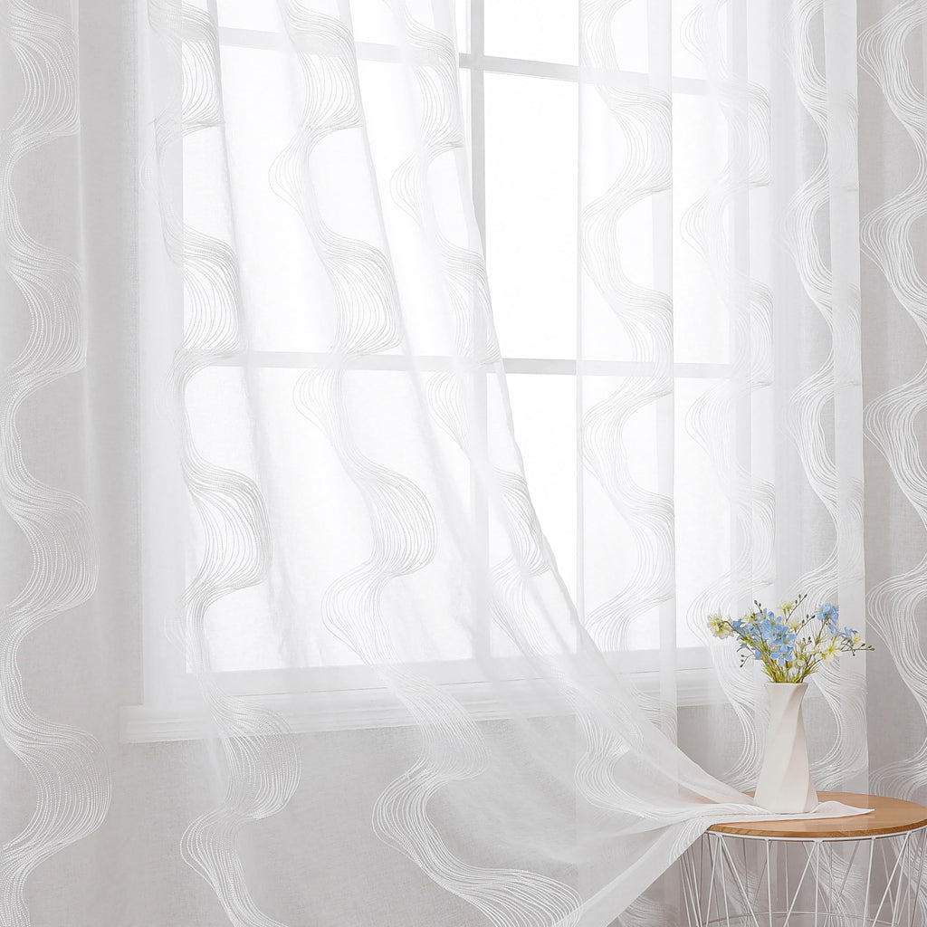 VISIONTEX White Sheer Curtains 84 Inches Long 2 Panels, Light Filtering Grey Moroccan Trellis Embroidered Semi Sheer Voile Drapes, Rod Pocket Textured Window Curtain for Bedroom Living Room 54W x 84L