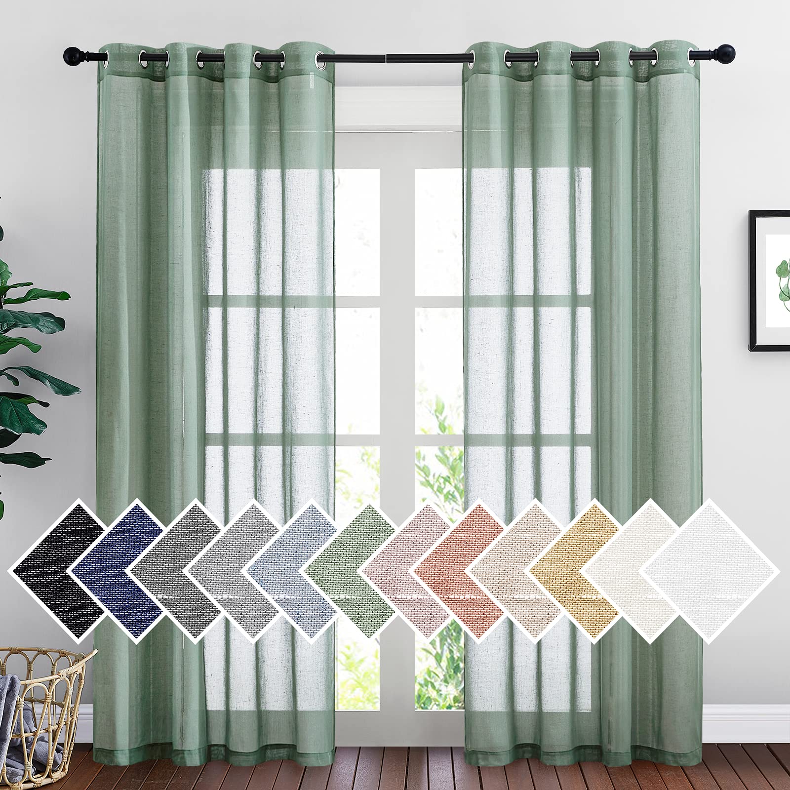 NICETOWN Linen Textured Semi Sheer Curtains 84 inches Length, Eyelet Top Bedroom Window Privacy Translucent Light Filtering Flax Sheer Drapes for Guest Room, 52 inches Wide, 2 Panels, Sea Mist