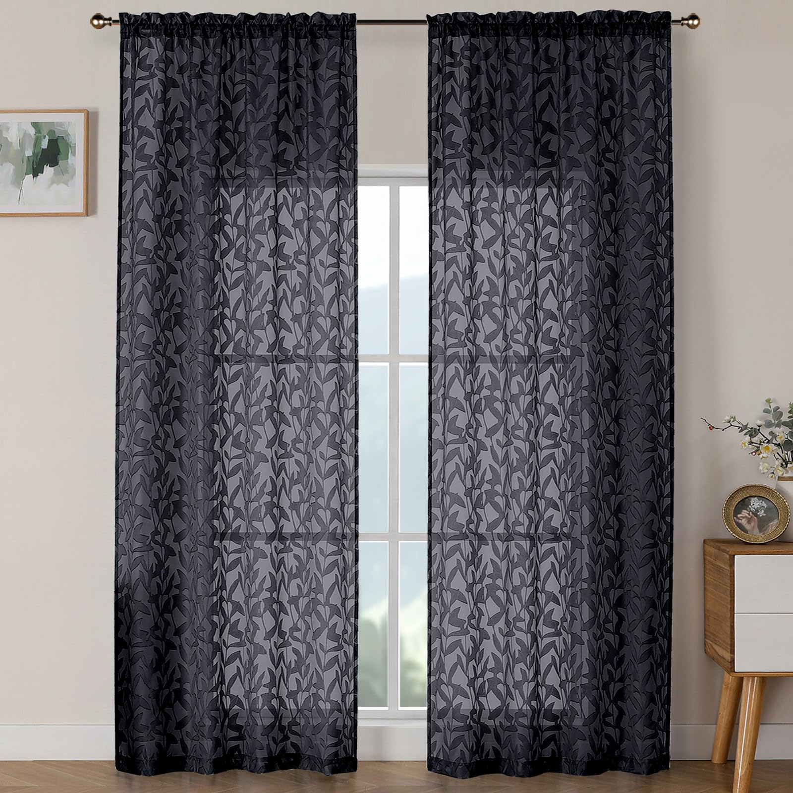 OWENIE Leyna 2 Panels Sage Green Sheer Curtains 63 Inch Length for Bedroom, Soft Lightweight Jacquard Clip Window Curtain for Living Room, Double Rod Pockets Textured Drapes, Each 40Wx63L Inches