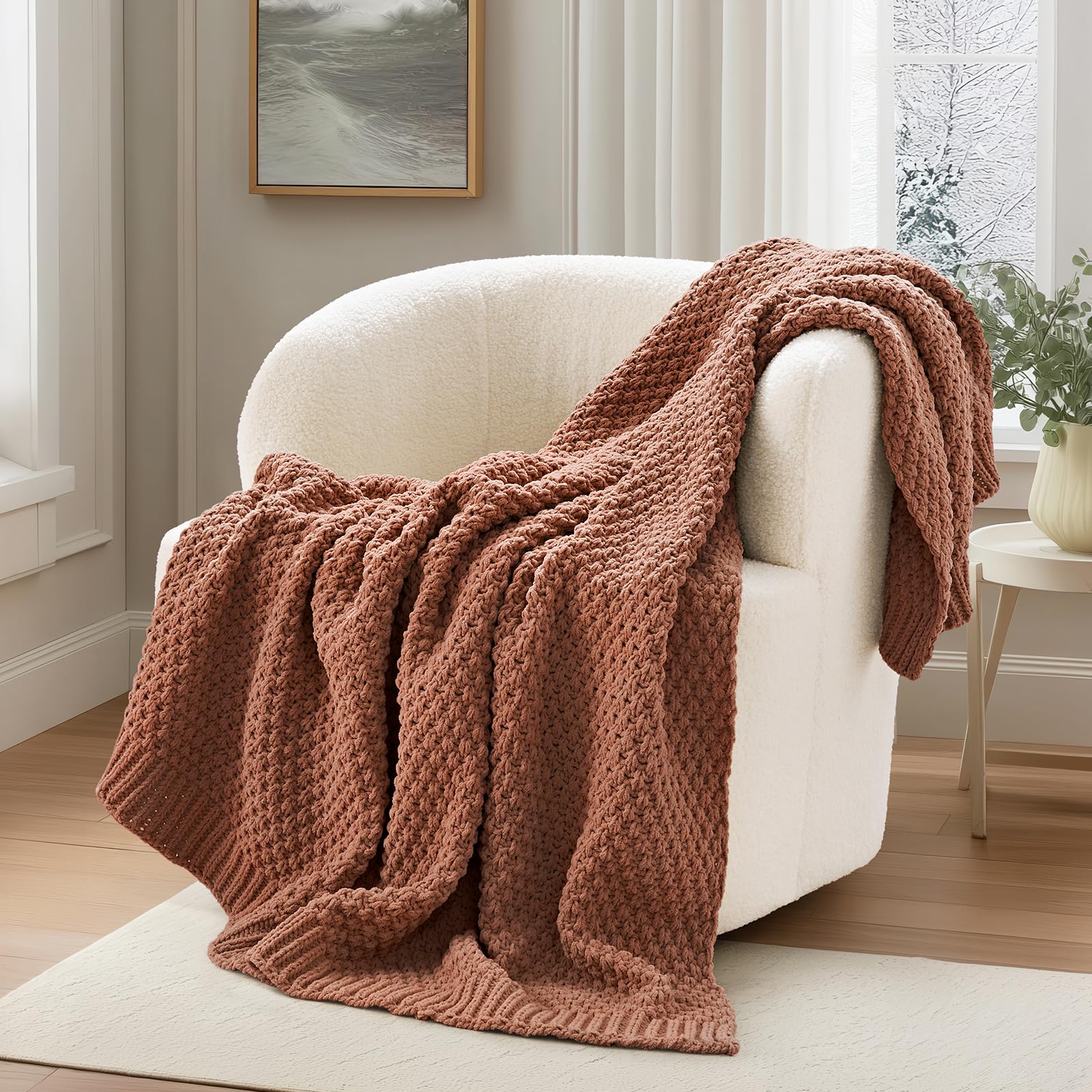 EVERGRACEHOME Chunky Chenille Knit Throw Blanket for Couch, Soft Luxurious Moss Stitch Blankets for Bed, Cozy Decorative Farmhouse Knitted Throws for Sofa, Sand Dune, 60" x 80"
