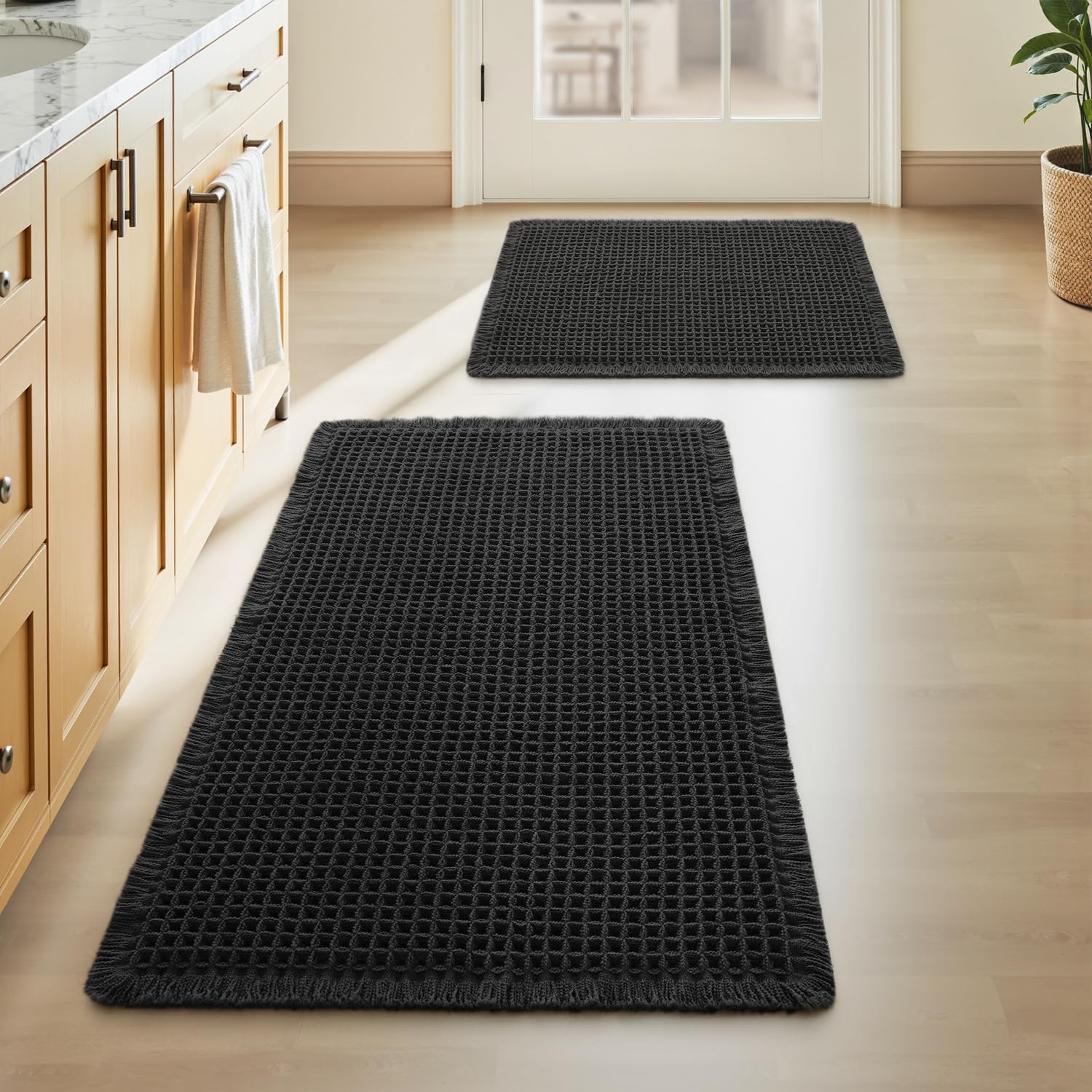 AMOAMI Upgraded Waffle Bath Mat, Super Absorbent Non Slip Bath Mats for Bathroom Floor, Machine Washable Bathroom Rugs with Tassels, Rubber Backed Bathroom Mats, Ultra Soft, 17" x 24", Brown