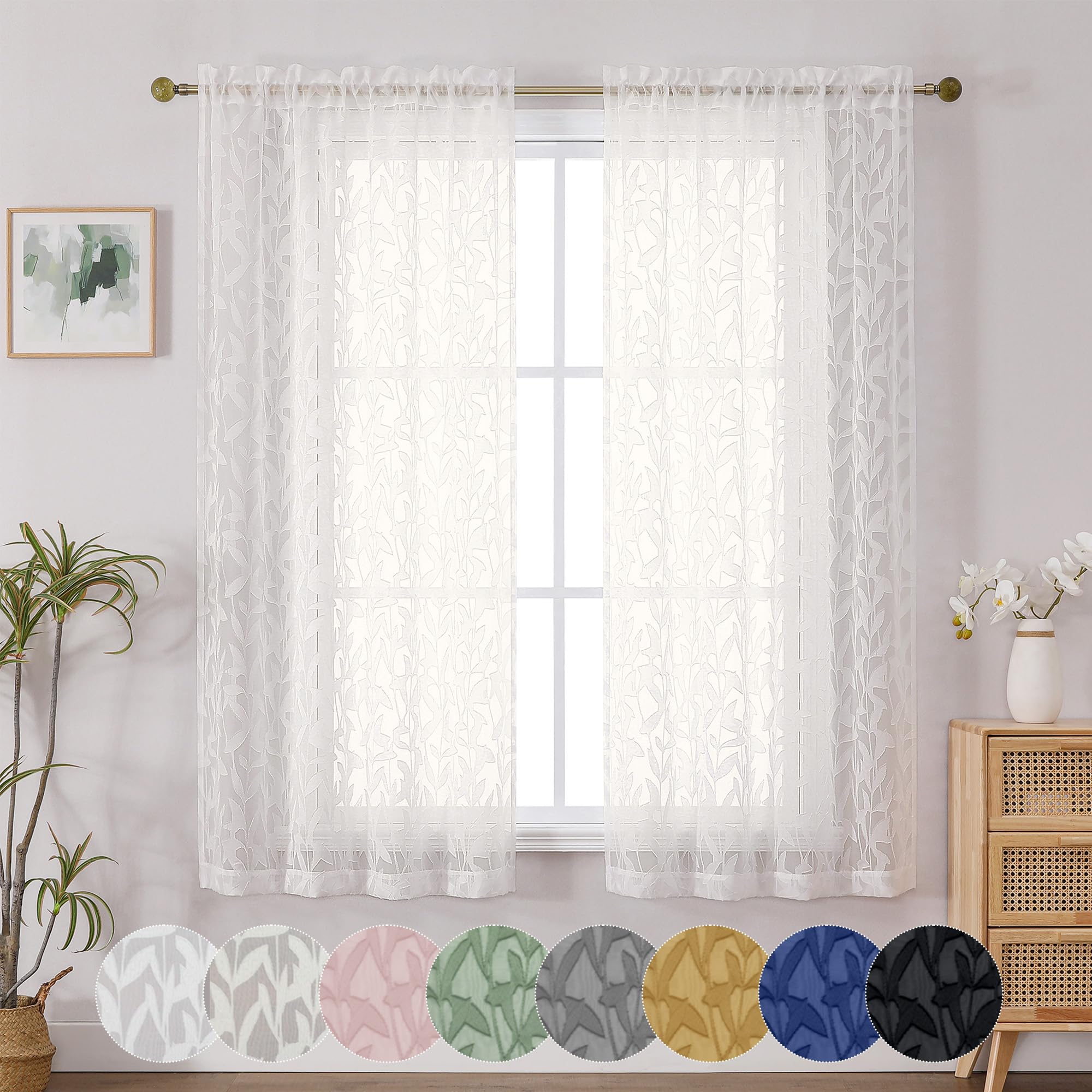 OWENIE Leyna 2 Panels Sage Green Sheer Curtains 63 Inch Length for Bedroom, Soft Lightweight Jacquard Clip Window Curtain for Living Room, Double Rod Pockets Textured Drapes, Each 40Wx63L Inches