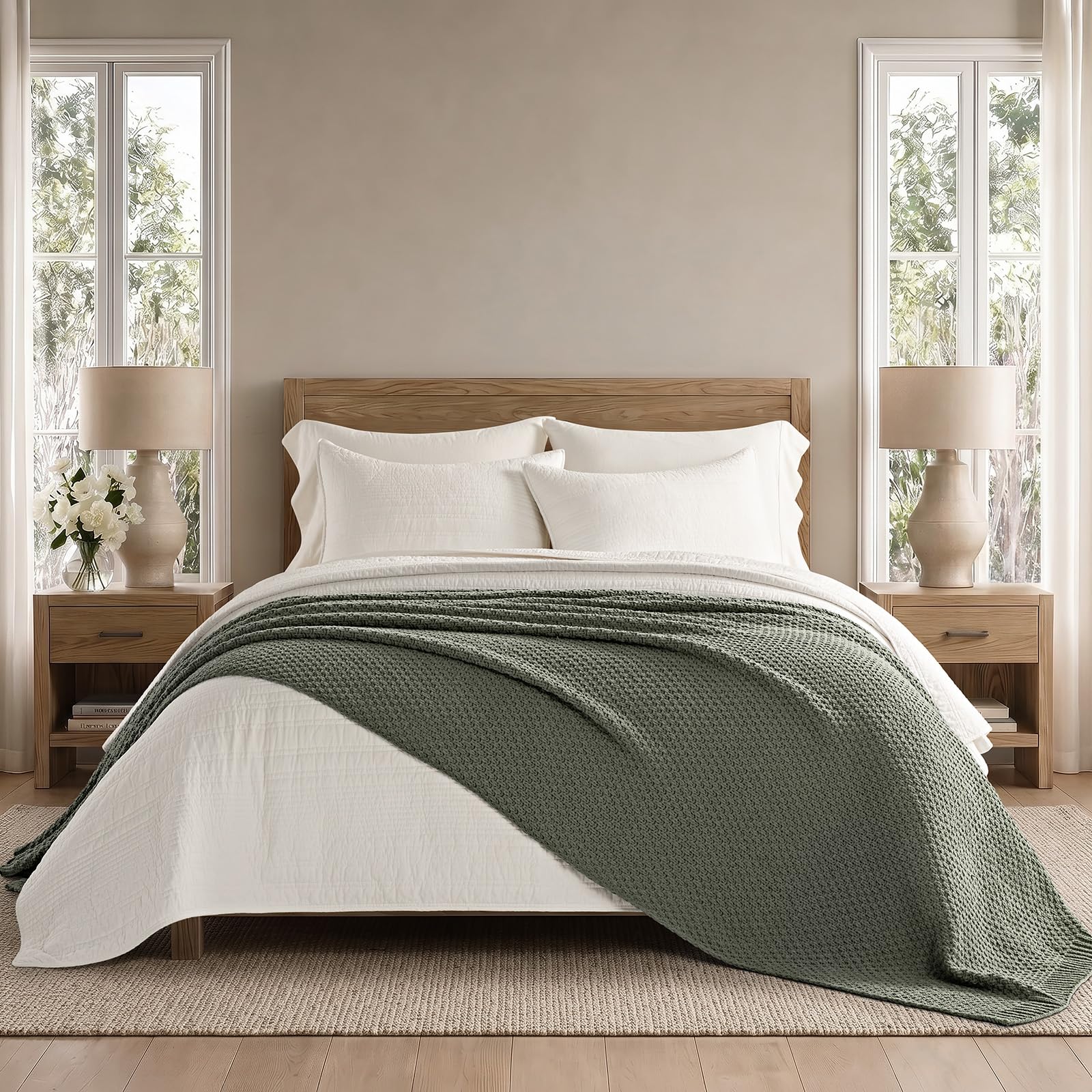 EVERGRACEHOME Chunky Chenille Knit Throw Blanket for Couch, Soft Luxurious Moss Stitch Blankets for Bed, Cozy Decorative Farmhouse Knitted Throws for Sofa, Sand Dune, 60" x 80"