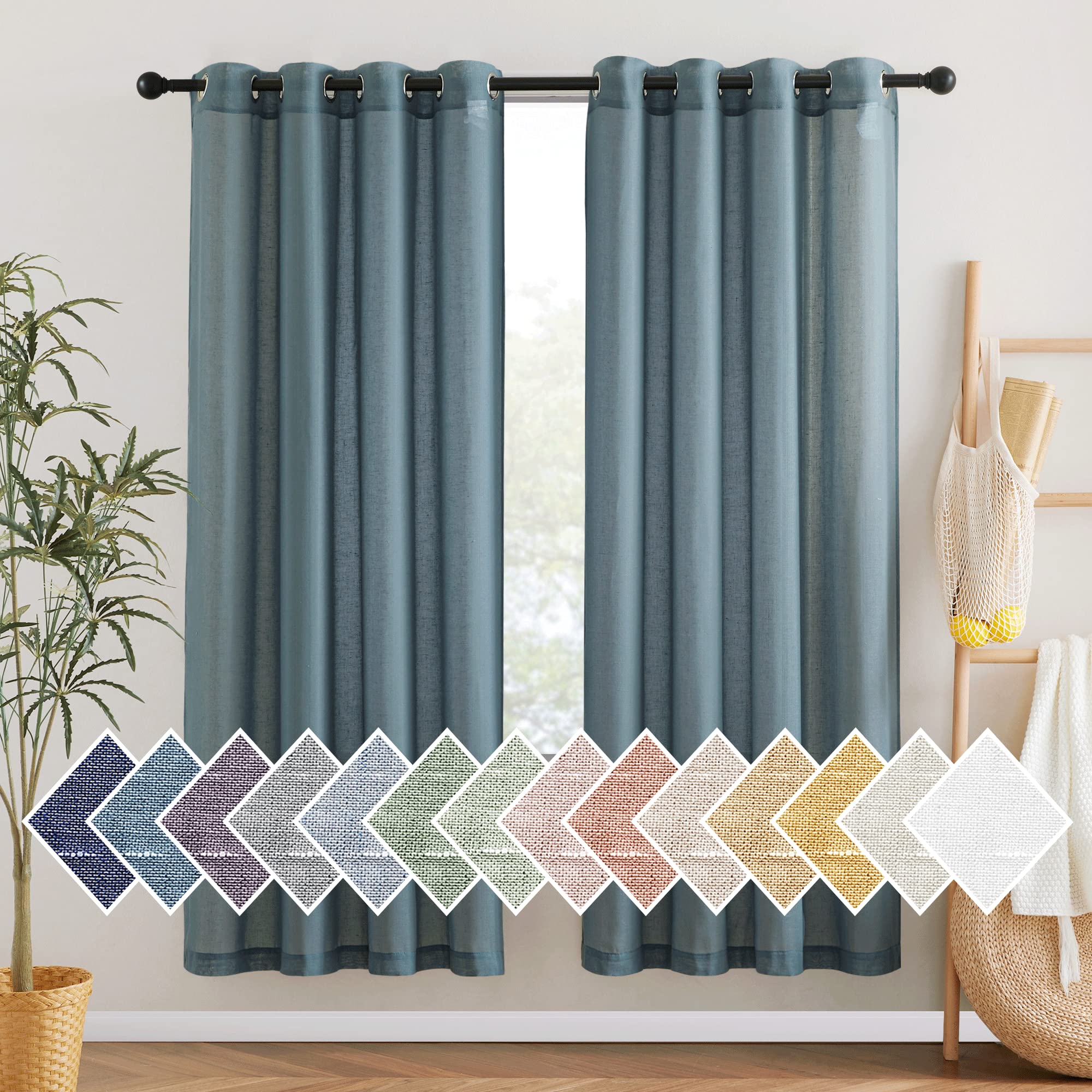 NICETOWN Linen Textured Semi Sheer Curtains 84 inches Length, Eyelet Top Bedroom Window Privacy Translucent Light Filtering Flax Sheer Drapes for Guest Room, 52 inches Wide, 2 Panels, Sea Mist