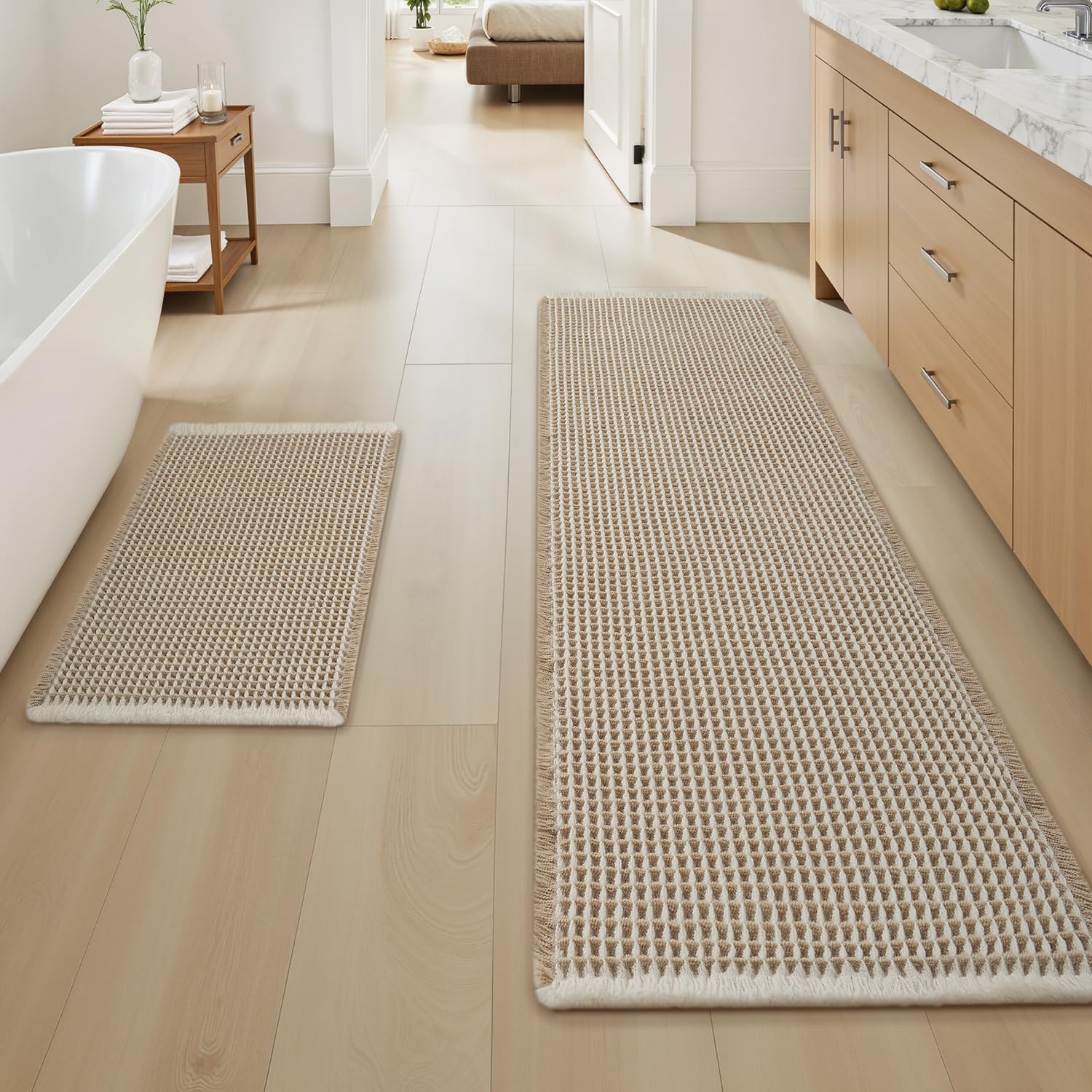 AMOAMI Upgraded Waffle Bath Mat, Super Absorbent Non Slip Bath Mats for Bathroom Floor, Machine Washable Bathroom Rugs with Tassels, Rubber Backed Bathroom Mats, Ultra Soft, 17" x 24", Brown