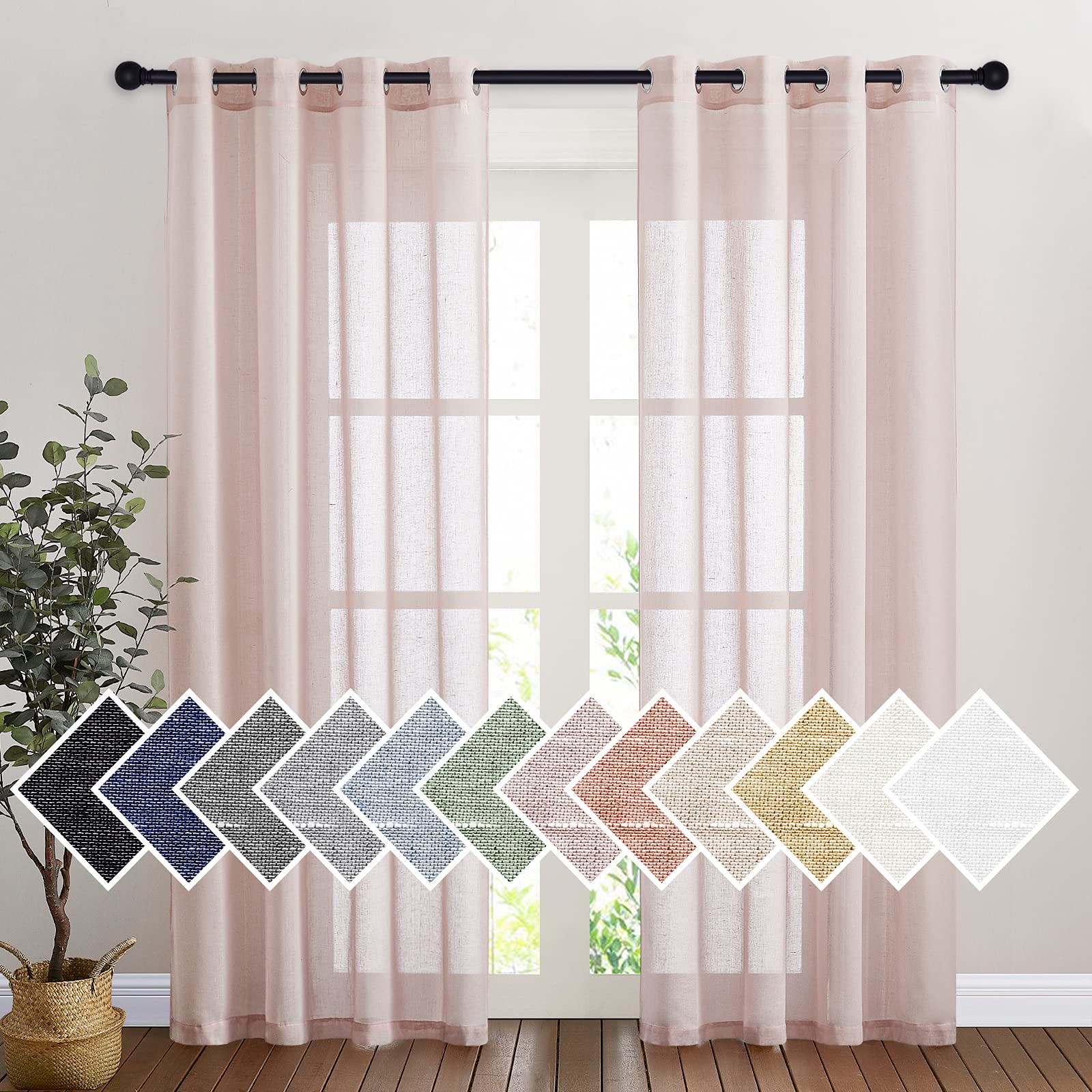 NICETOWN Linen Textured Semi Sheer Curtains 84 inches Length, Eyelet Top Bedroom Window Privacy Translucent Light Filtering Flax Sheer Drapes for Guest Room, 52 inches Wide, 2 Panels, Sea Mist
