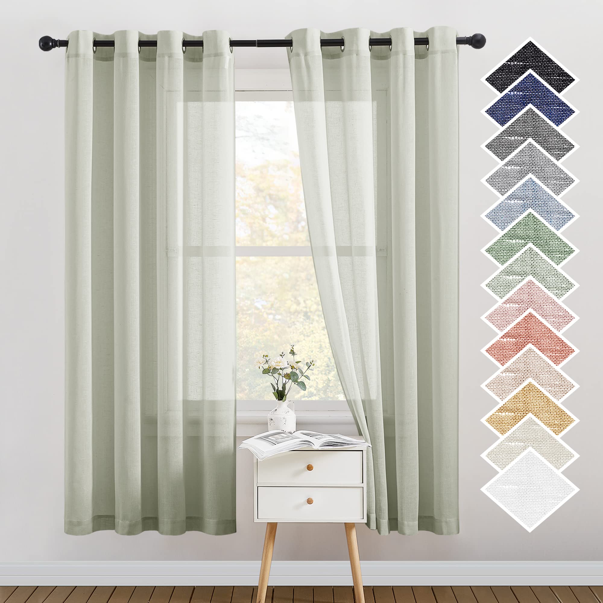NICETOWN Linen Textured Semi Sheer Curtains 84 inches Length, Eyelet Top Bedroom Window Privacy Translucent Light Filtering Flax Sheer Drapes for Guest Room, 52 inches Wide, 2 Panels, Sea Mist