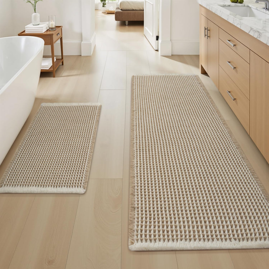 AMOAMI Upgraded Waffle Bath Mat, Super Absorbent Non Slip Bath Mats for Bathroom Floor, Machine Washable Bathroom Rugs with Tassels, Rubber Backed Bathroom Mats, Ultra Soft, 17" x 24", Brown