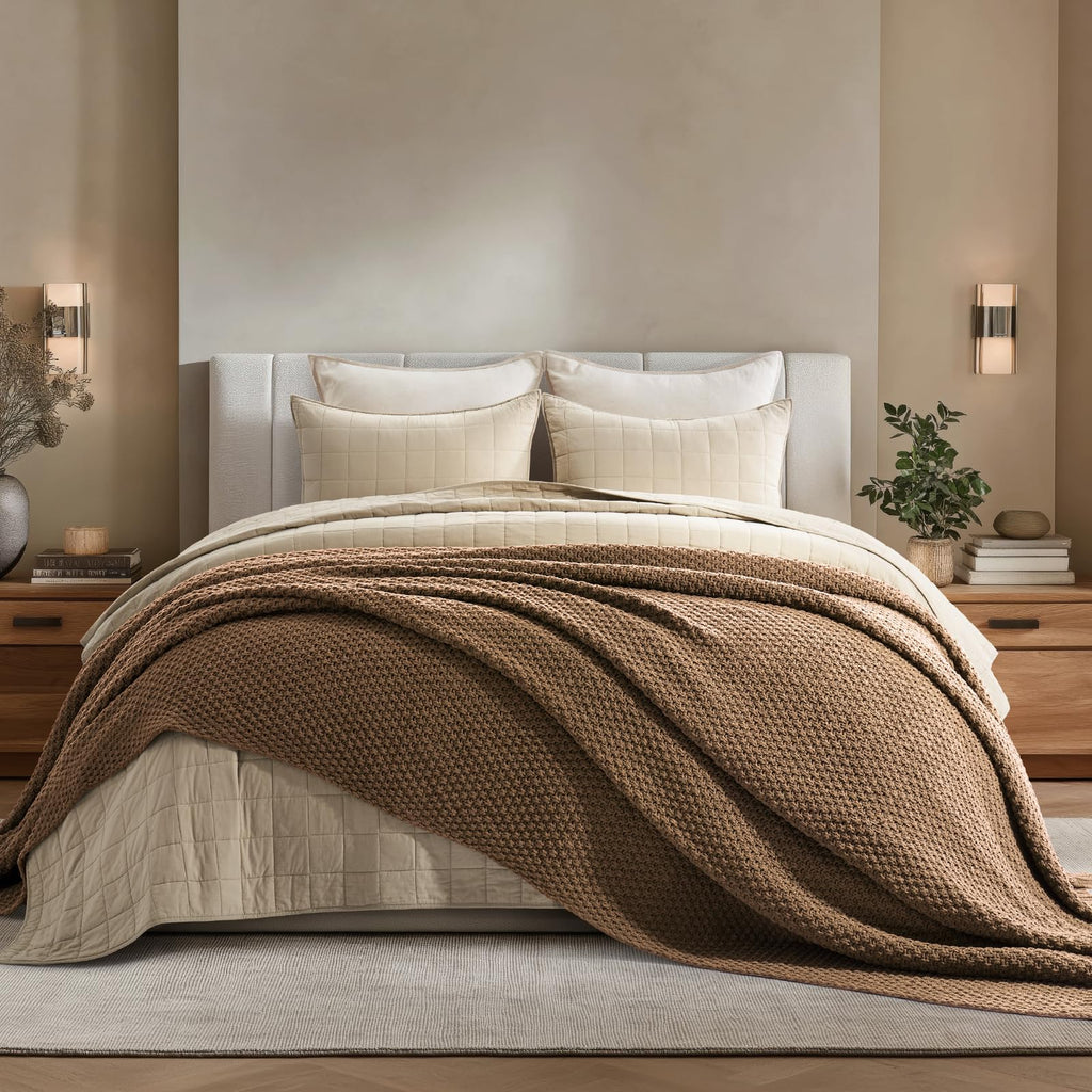 EVERGRACEHOME Chunky Chenille Knit Throw Blanket for Couch, Soft Luxurious Moss Stitch Blankets for Bed, Cozy Decorative Farmhouse Knitted Throws for Sofa, Sand Dune, 60" x 80"