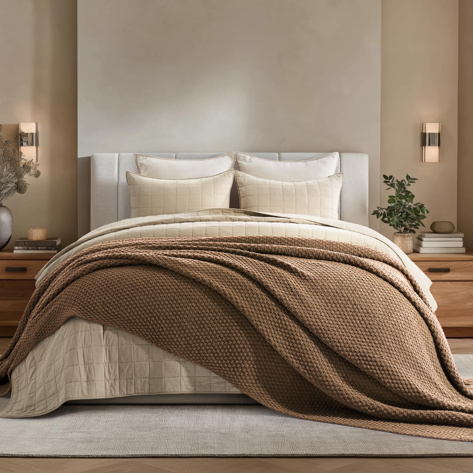 EVERGRACEHOME Chunky Chenille Knit Throw Blanket for Couch, Soft Luxurious Moss Stitch Blankets for Bed, Cozy Decorative Farmhouse Knitted Throws for Sofa, Sand Dune, 60" x 80"