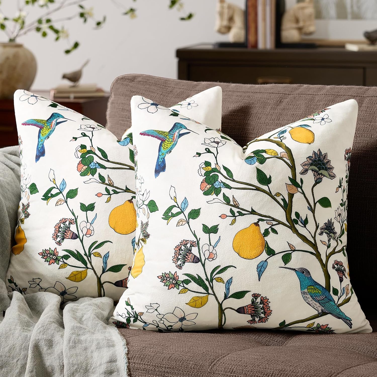 Mustard Yellow Floral Pillow Covers 18x18 Set of 2, Velvet Wild Flower Plant Throw Pillows Case, Square Farmhouse Decor Cushion Covers for Home Sofa Bed Couch