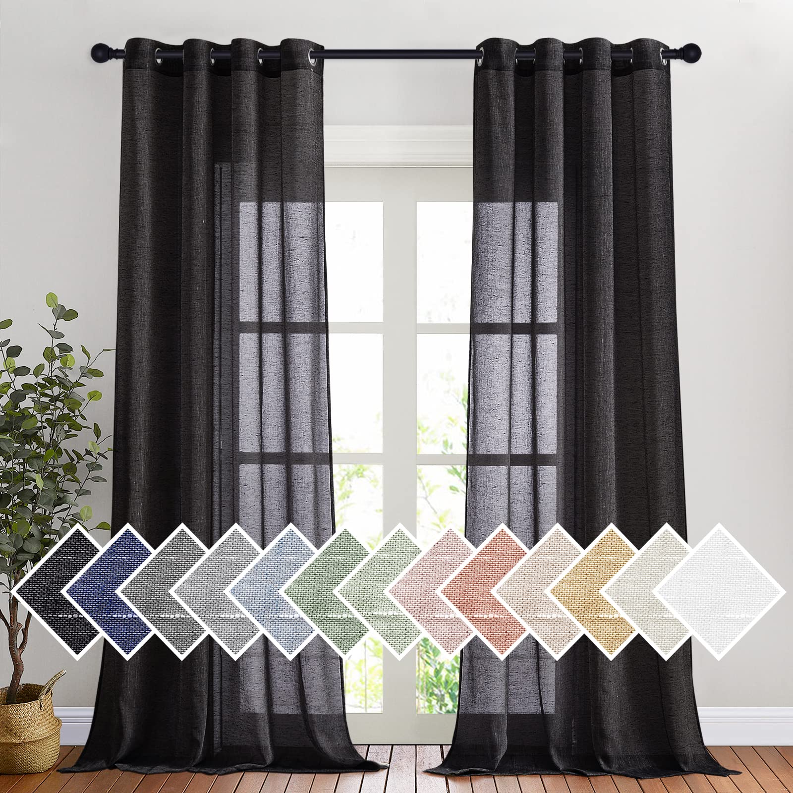 NICETOWN Linen Textured Semi Sheer Curtains 84 inches Length, Eyelet Top Bedroom Window Privacy Translucent Light Filtering Flax Sheer Drapes for Guest Room, 52 inches Wide, 2 Panels, Sea Mist