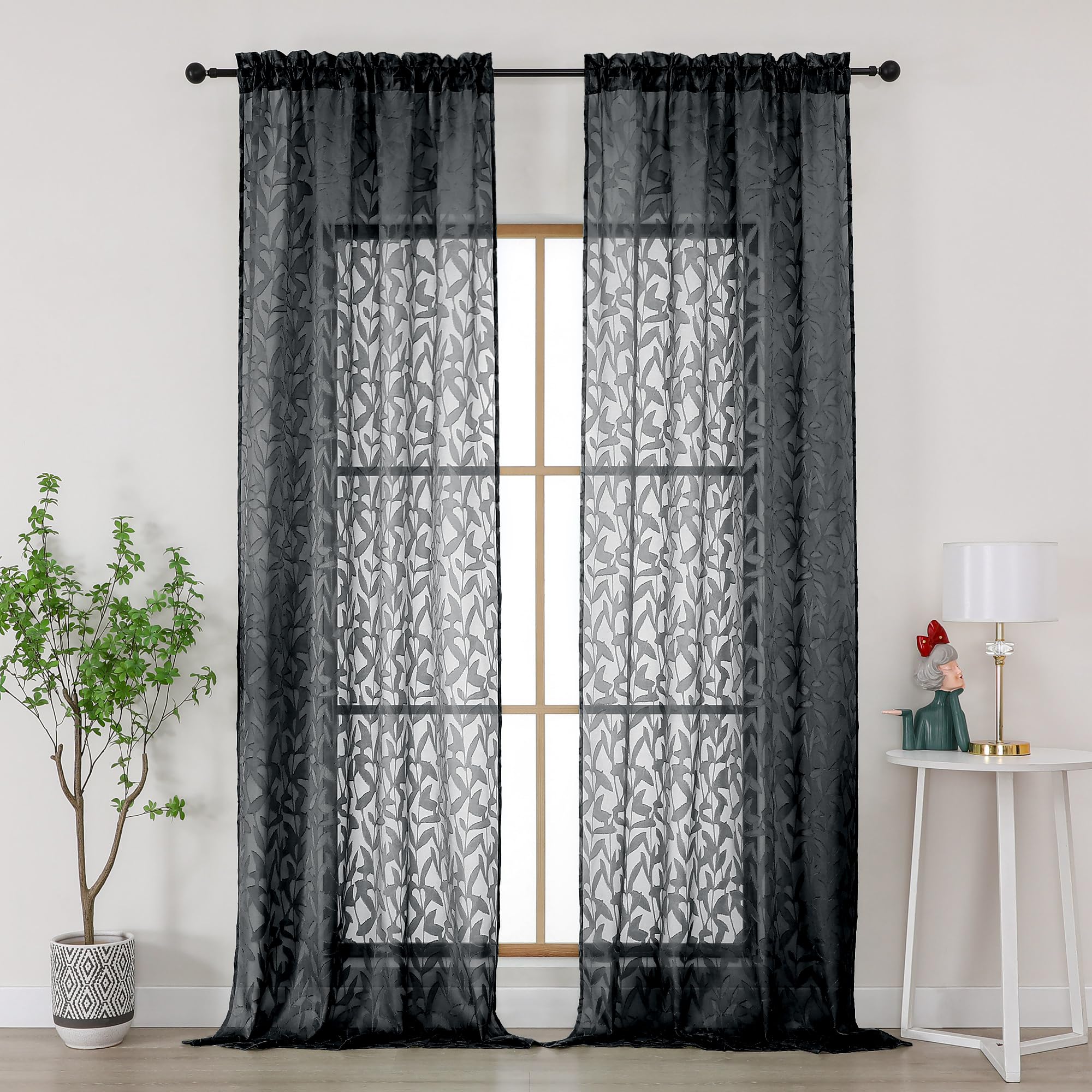 Gwine Sage Green Curtains 84 Inches Long 2 Panels Set, Light Filtering Soft Lightweight Sheer Curtains, Leaf Clip Jacquard Textured Curtain for Bedroom Living Room, 42Wx84L Inches, 2PCS