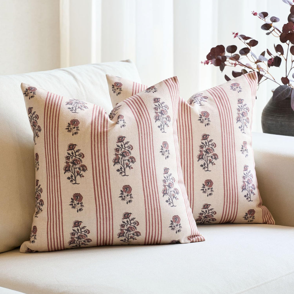 Amor Virisso Farmhouse Floral Throw Pillow Covers 18x18 Set of 2 Block Print Pillow Covers Neutral Boho Floral Striped Decorative Pillow Covers for Sofa Couch Bed, Brown