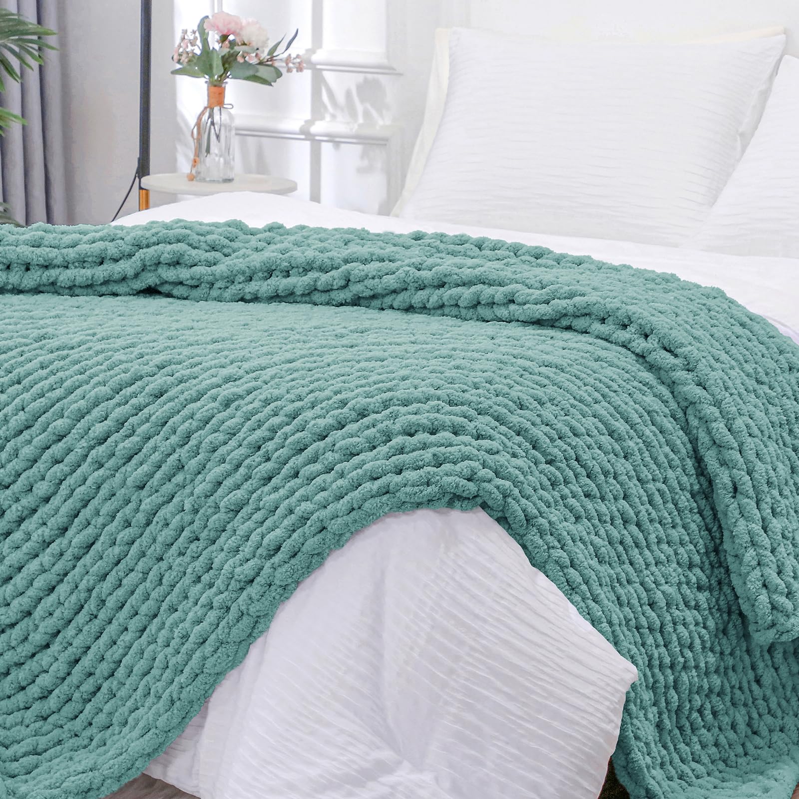 Bigacogo Chunky Knit Throw Blanket for Couch, 40x40 inches, 100% Hand Knitted with Thick Jumbo Chenille Yarn, Cozy Soft Large Rope Knot Cable Crochet Blankets for Sofa Bed Living Room, Dusty Blue