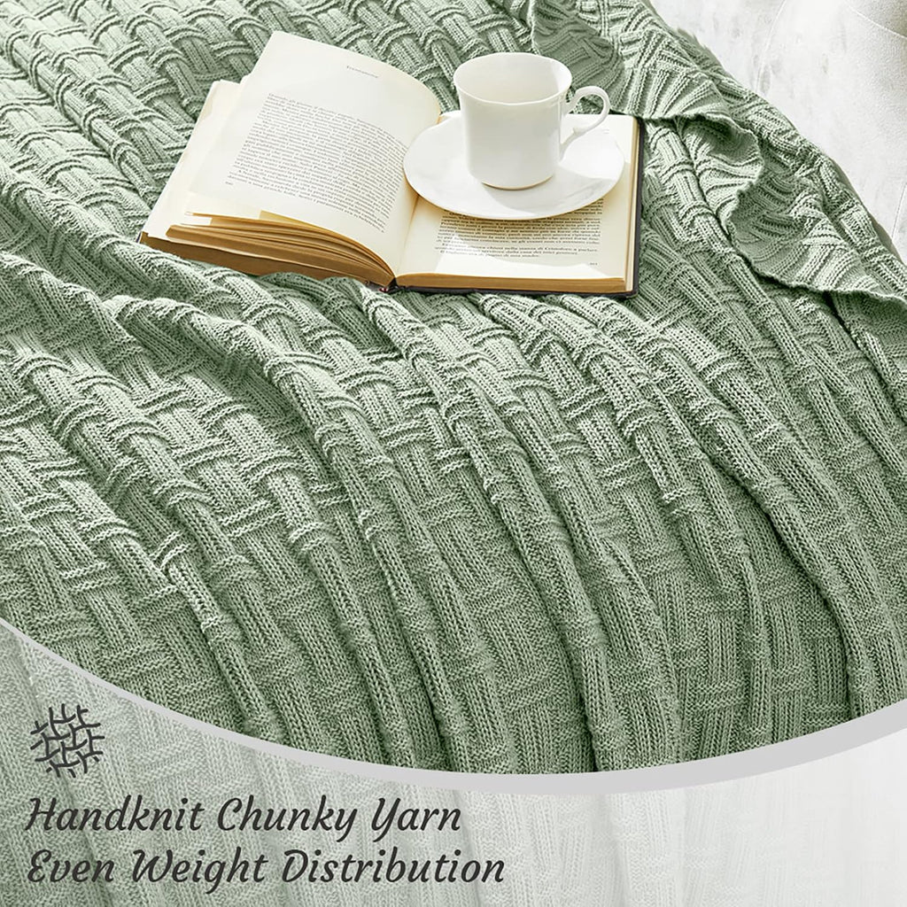 TREELY 100% Cotton Knitted Throw Blanket Couch Cover Blanket(60 x 80 Inches, Light Sage Green)