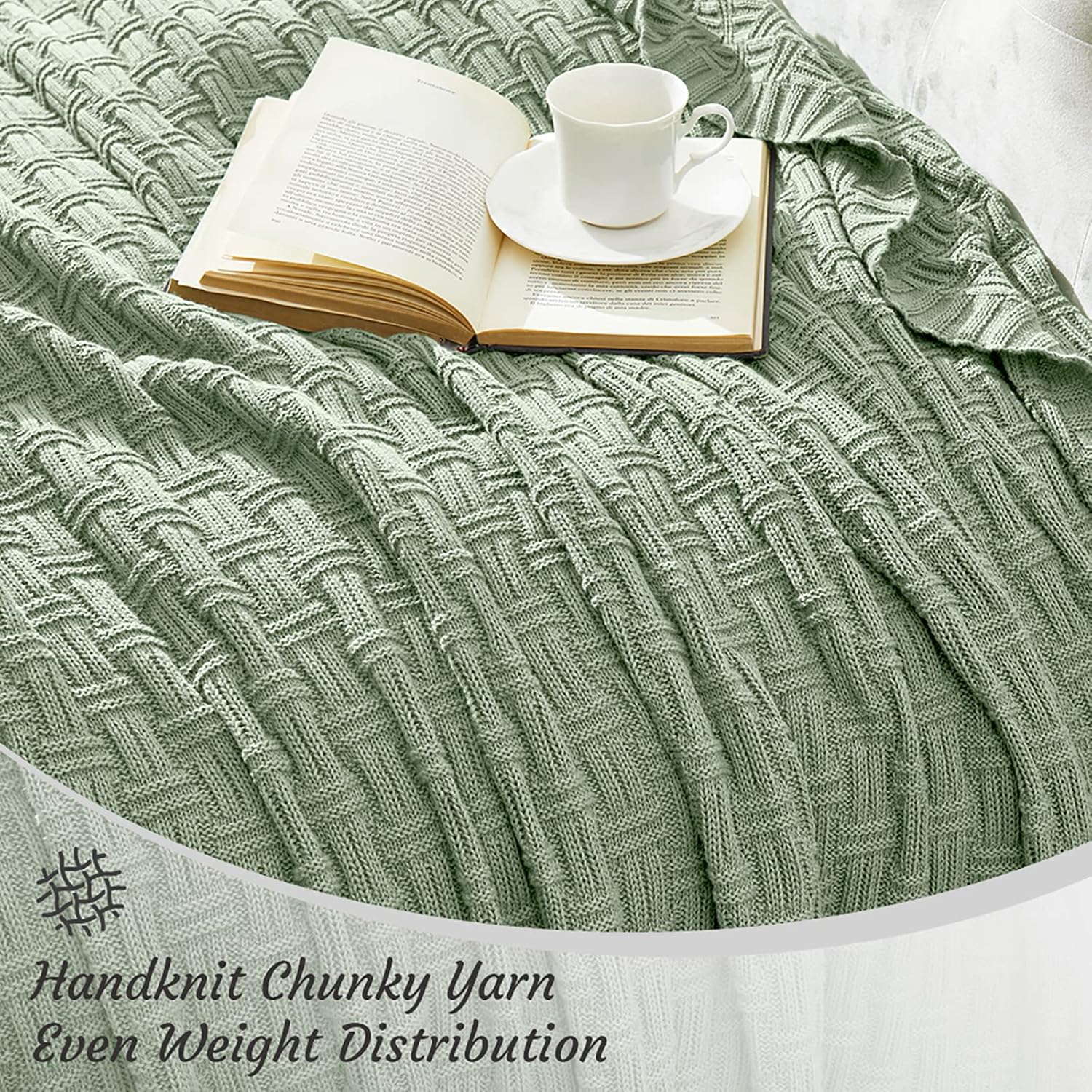 TREELY 100% Cotton Knitted Throw Blanket Couch Cover Blanket(60 x 80 Inches, Light Sage Green)