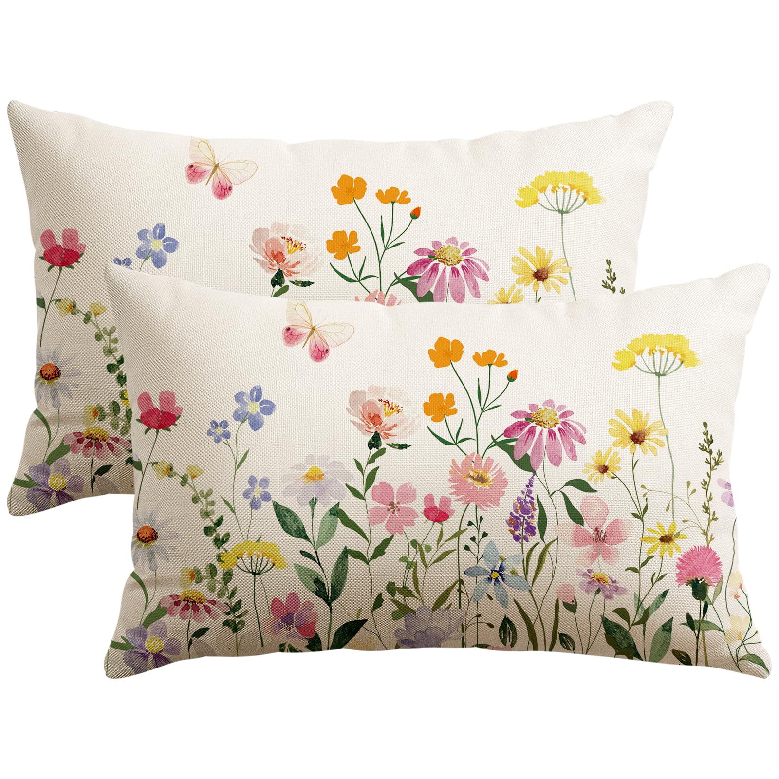 Artscope Spring Summer Floral Throw Pillow Covers 18x18 Inch Set of 2, Farmhouse Flower Butterfly Print Decorative Pillow Cases for Sofa Bed Room Home Decor- Flower A