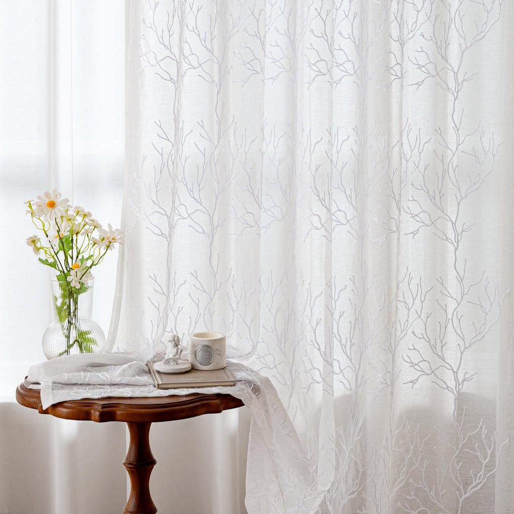 VISIONTEX 2 Panels Sheer Curtains 84 Inches Long, Cream Beige Floral Leaf Embroidered Semi Sheer Voile Curtains, Rod Pocket Light Filtering Window Drapes for Bedroom Living Room 54W x 84L