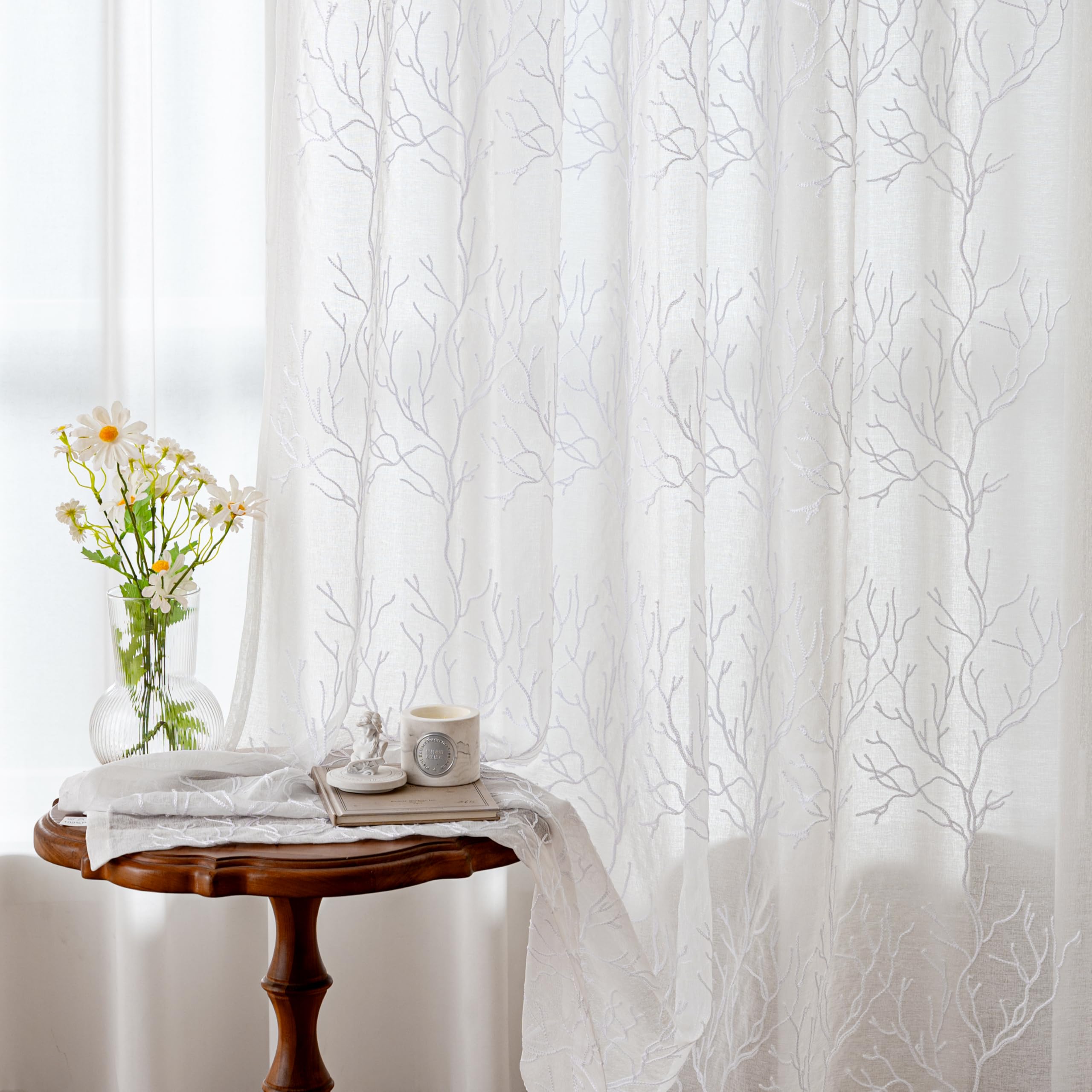 VISIONTEX 2 Panels Sheer Curtains 84 Inches Long, Cream Beige Floral Leaf Embroidered Semi Sheer Voile Curtains, Rod Pocket Light Filtering Window Drapes for Bedroom Living Room 54W x 84L