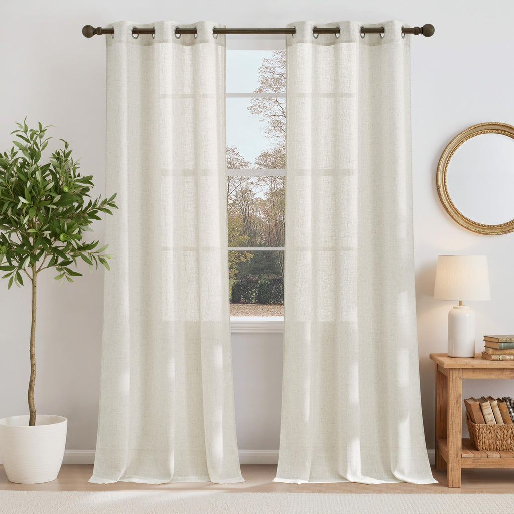 NICETOWN Linen Textured Semi Sheer Curtains 84 inches Length, Eyelet Top Bedroom Window Privacy Translucent Light Filtering Flax Sheer Drapes for Guest Room, 52 inches Wide, 2 Panels, Sea Mist