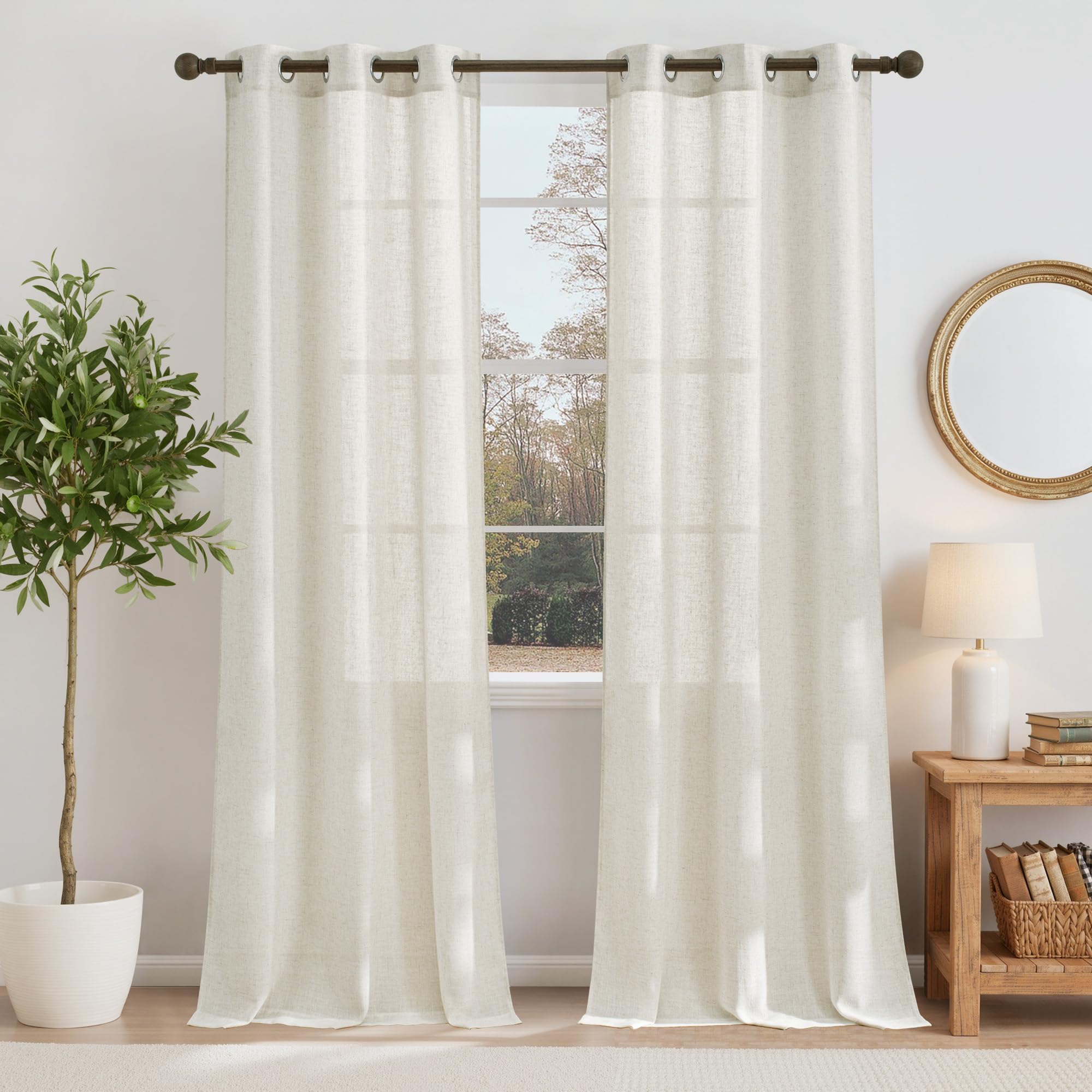NICETOWN Linen Textured Semi Sheer Curtains 84 inches Length, Eyelet Top Bedroom Window Privacy Translucent Light Filtering Flax Sheer Drapes for Guest Room, 52 inches Wide, 2 Panels, Sea Mist