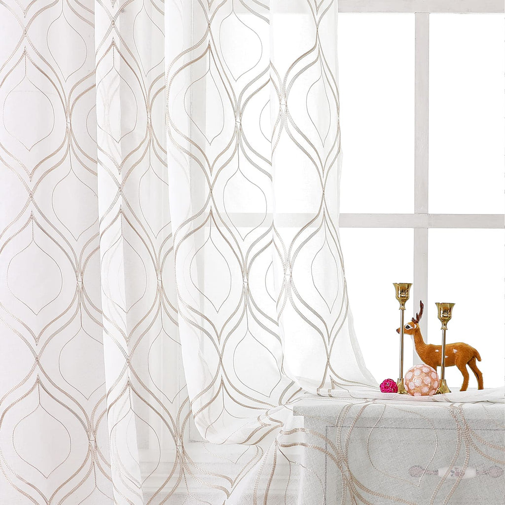 VISIONTEX White Sheer Curtains 84 Inches Long 2 Panels, Light Filtering Grey Moroccan Trellis Embroidered Semi Sheer Voile Drapes, Rod Pocket Textured Window Curtain for Bedroom Living Room 54W x 84L