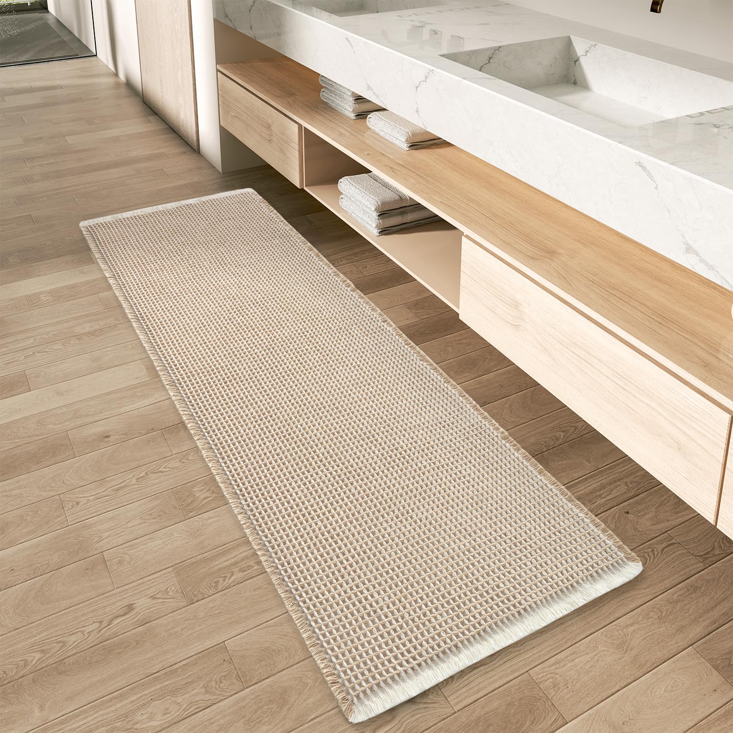 AMOAMI Upgraded Waffle Bath Mat, Super Absorbent Non Slip Bath Mats for Bathroom Floor, Machine Washable Bathroom Rugs with Tassels, Rubber Backed Bathroom Mats, Ultra Soft, 17" x 24", Brown
