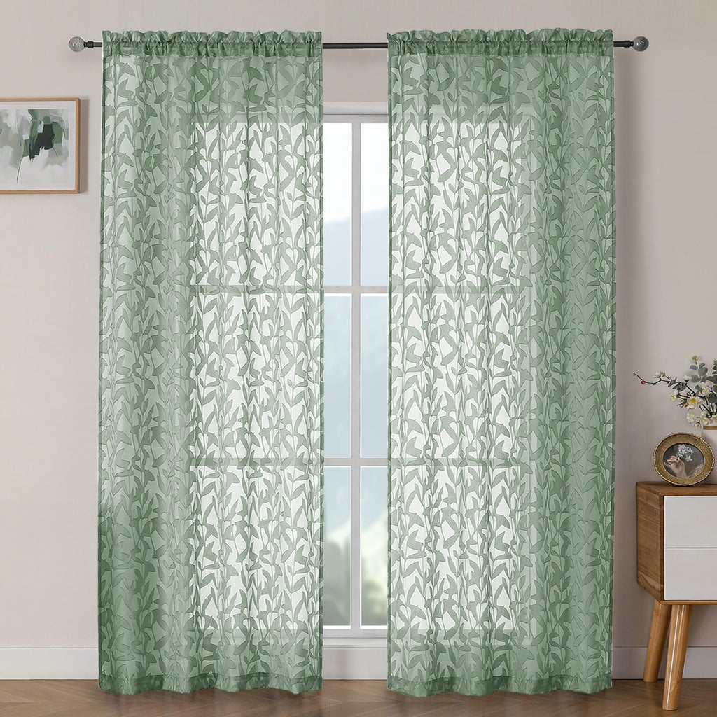 OWENIE Leyna 2 Panels Sage Green Sheer Curtains 63 Inch Length for Bedroom, Soft Lightweight Jacquard Clip Window Curtain for Living Room, Double Rod Pockets Textured Drapes, Each 40Wx63L Inches