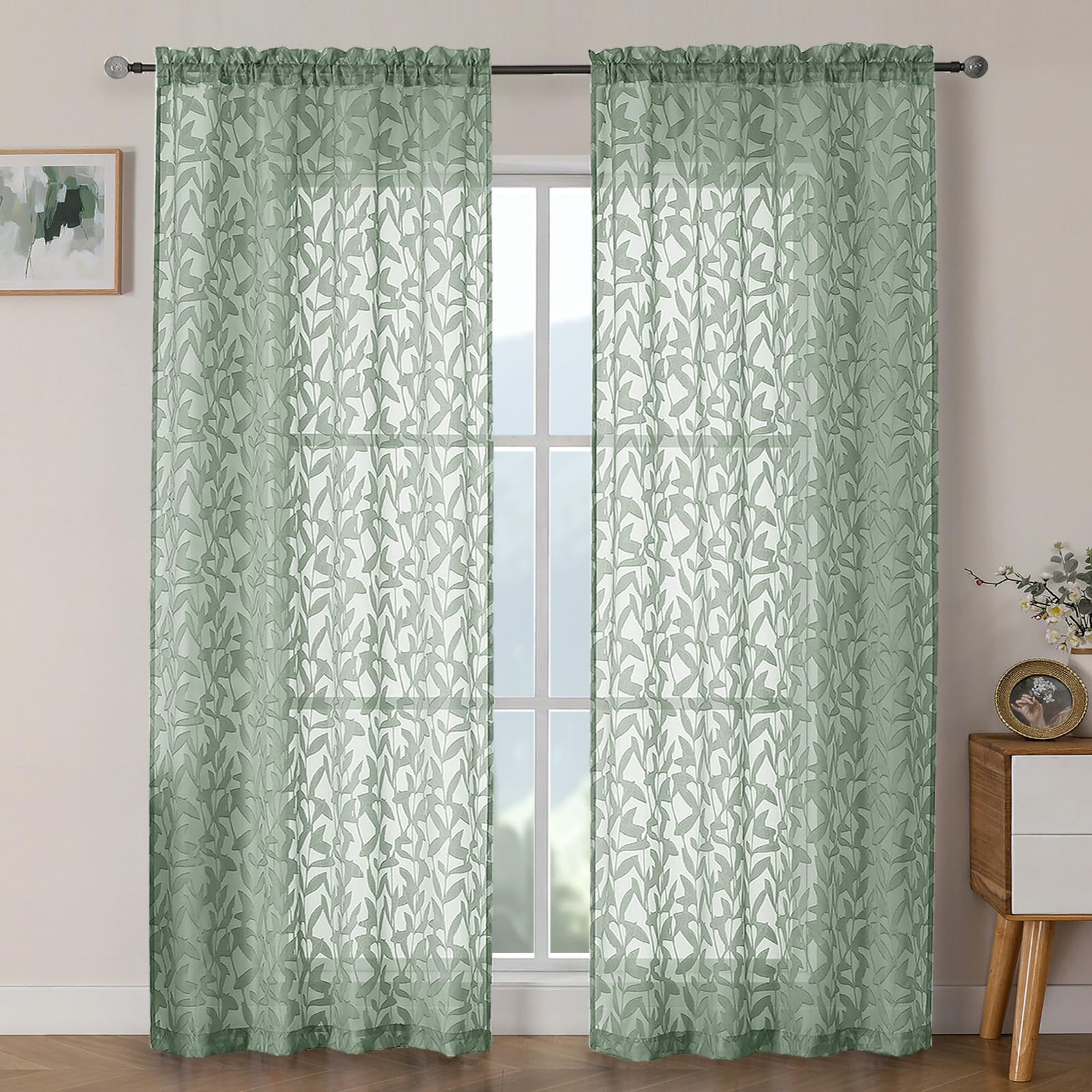 OWENIE Leyna 2 Panels Sage Green Sheer Curtains 63 Inch Length for Bedroom, Soft Lightweight Jacquard Clip Window Curtain for Living Room, Double Rod Pockets Textured Drapes, Each 40Wx63L Inches