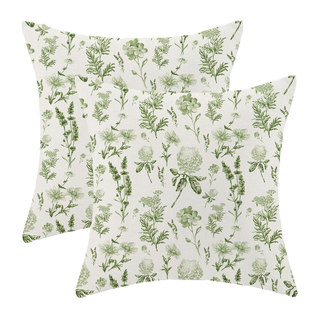 AEIOAE Spring Pillow Covers 18x18 Inch Set of 2,Sage Green Wild Flower Plant Throw Pillows Case,Seasonal Floral Outdoor Decorative Square Linen Farmhouse Decor Cushion Covers for Home Sofa Bed Couch