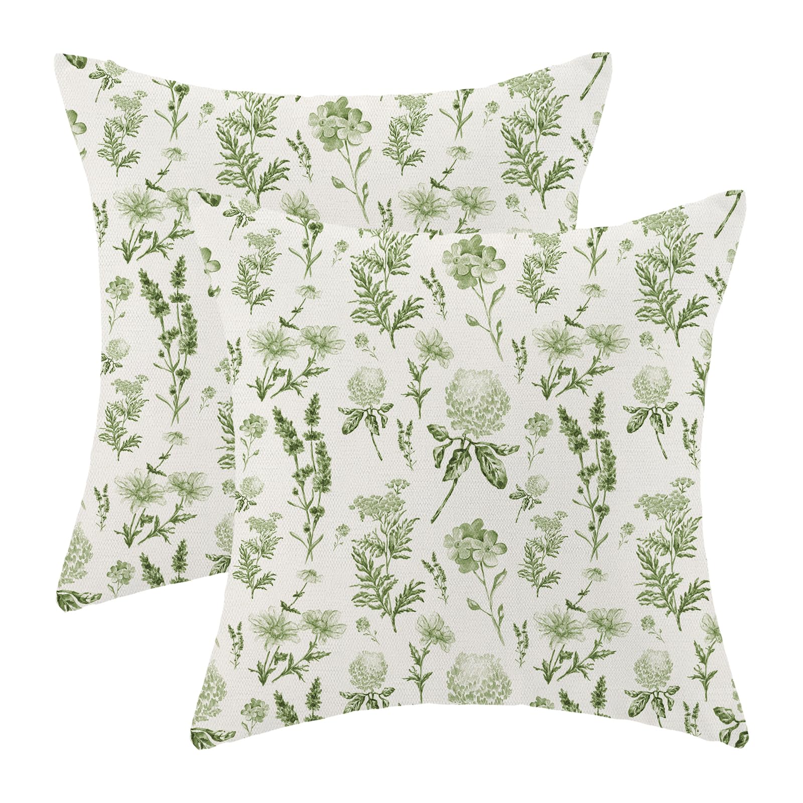 AEIOAE Spring Pillow Covers 18x18 Inch Set of 2,Sage Green Wild Flower Plant Throw Pillows Case,Seasonal Floral Outdoor Decorative Square Linen Farmhouse Decor Cushion Covers for Home Sofa Bed Couch