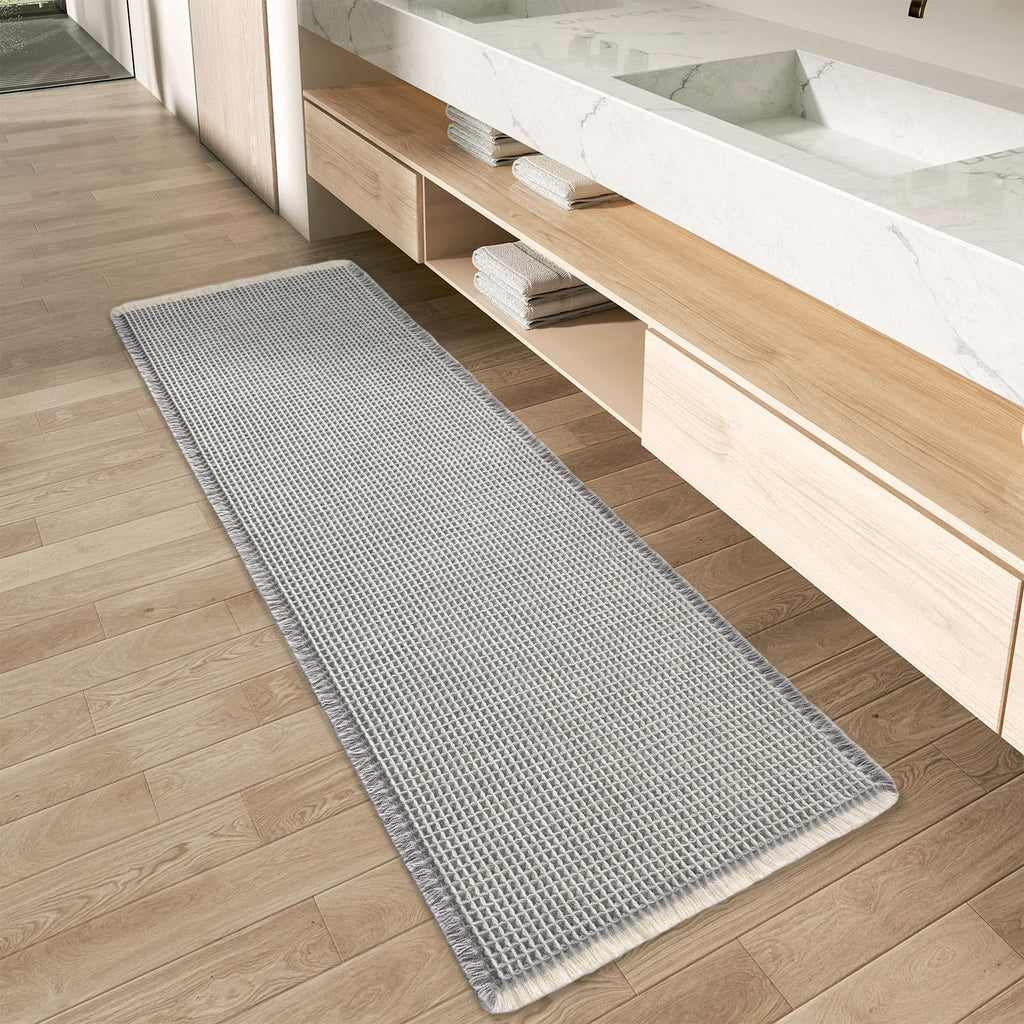 AMOAMI Upgraded Waffle Bath Mat, Super Absorbent Non Slip Bath Mats for Bathroom Floor, Machine Washable Bathroom Rugs with Tassels, Rubber Backed Bathroom Mats, Ultra Soft, 17" x 24", Brown
