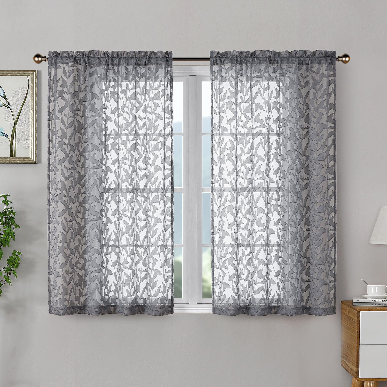OWENIE Leyna 2 Panels Sage Green Sheer Curtains 63 Inch Length for Bedroom, Soft Lightweight Jacquard Clip Window Curtain for Living Room, Double Rod Pockets Textured Drapes, Each 40Wx63L Inches