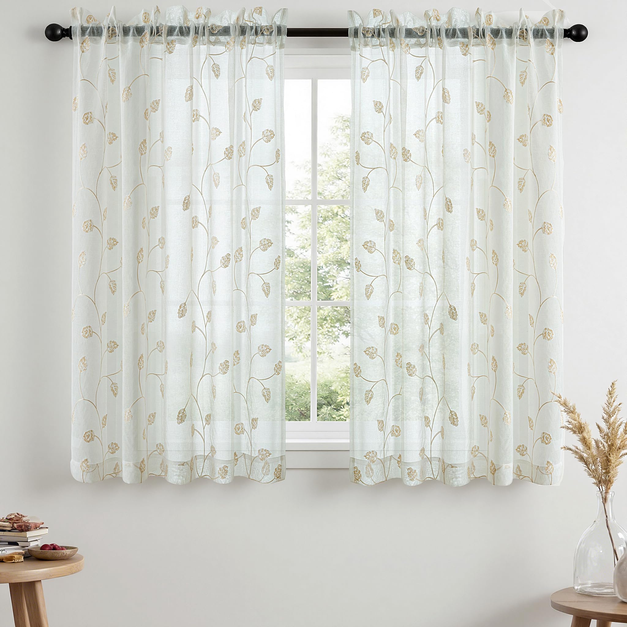 VISIONTEX 2 Panels Sheer Curtains 84 Inches Long, Cream Beige Floral Leaf Embroidered Semi Sheer Voile Curtains, Rod Pocket Light Filtering Window Drapes for Bedroom Living Room 54W x 84L